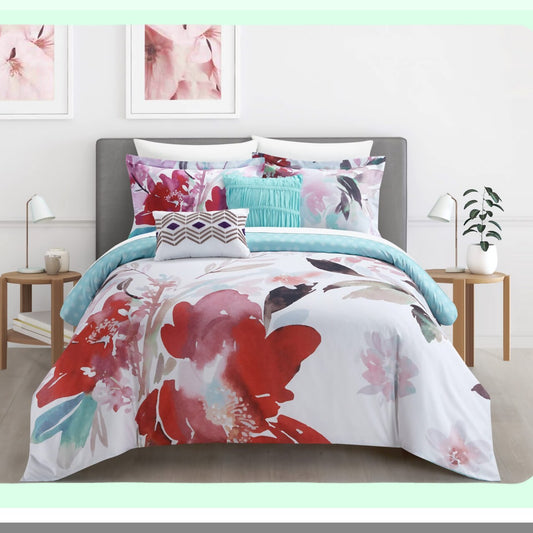 Watercolor Bloom 4-Piece Reversible Comforter Set - Floral Design Bedding with Decorative Pillows and Sham - Twin Size
