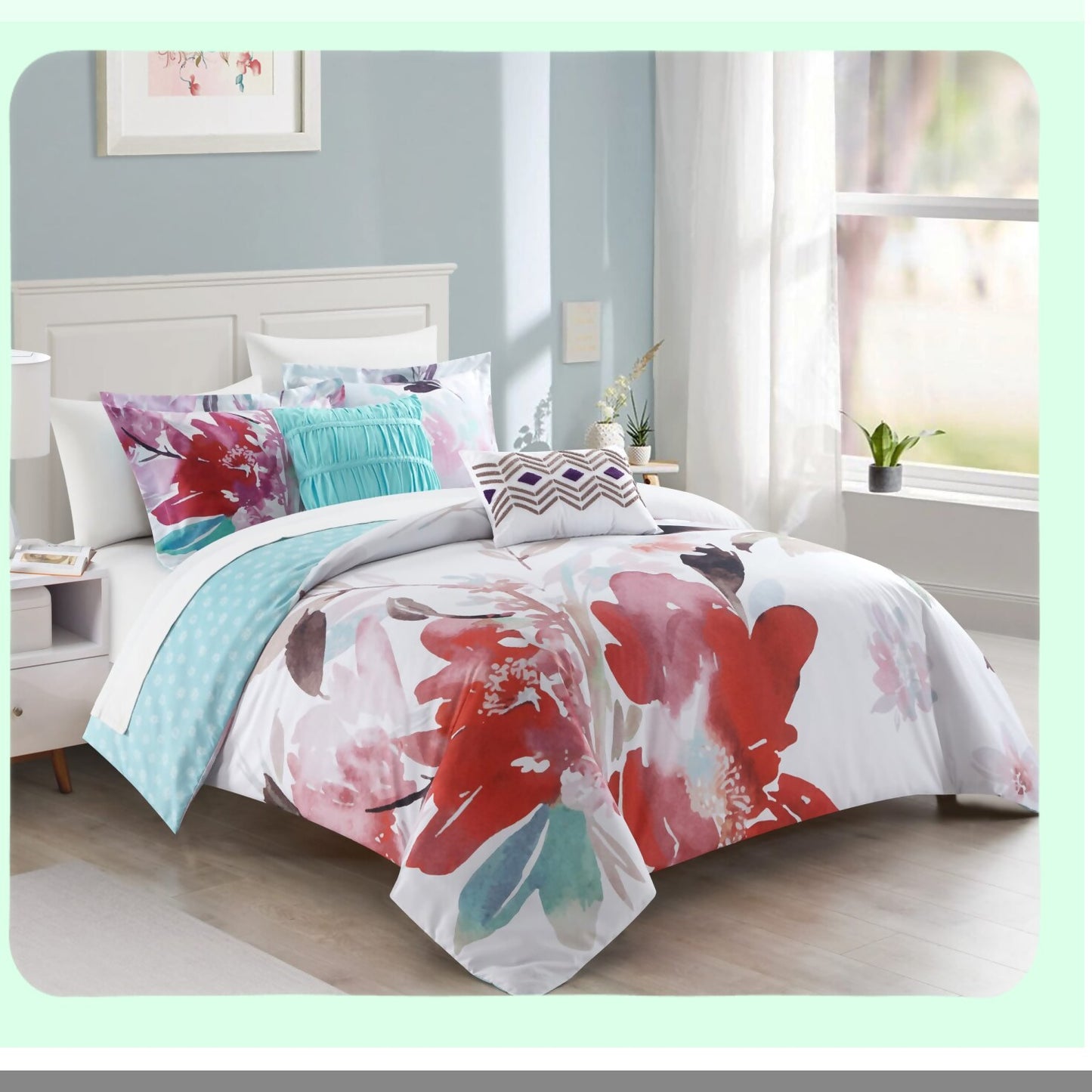 Watercolor Bloom 4-Piece Reversible Comforter Set - Floral Design Bedding with Decorative Pillows and Sham - Twin Size