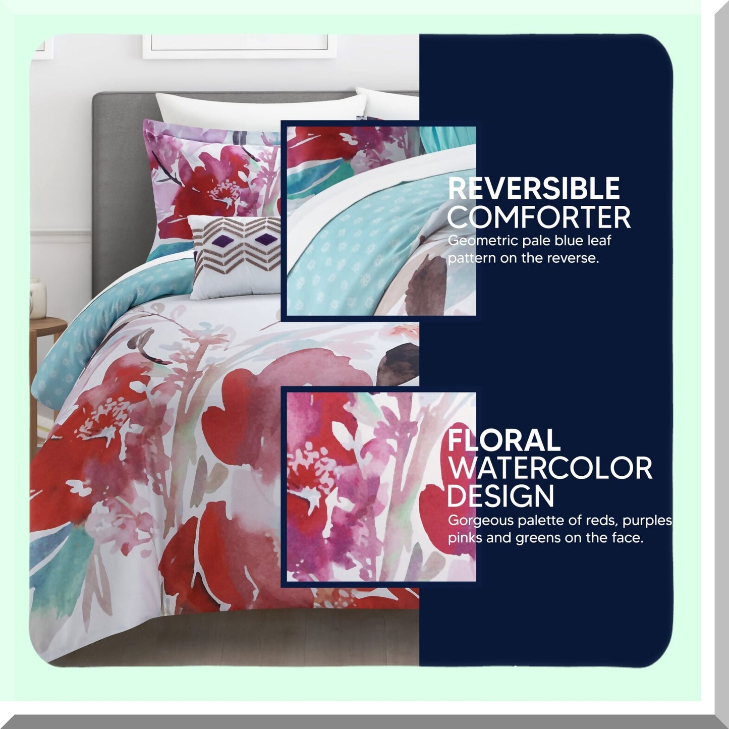 Watercolor Bloom 4-Piece Reversible Comforter Set - Floral Design Bedding with Decorative Pillows and Sham - Twin Size