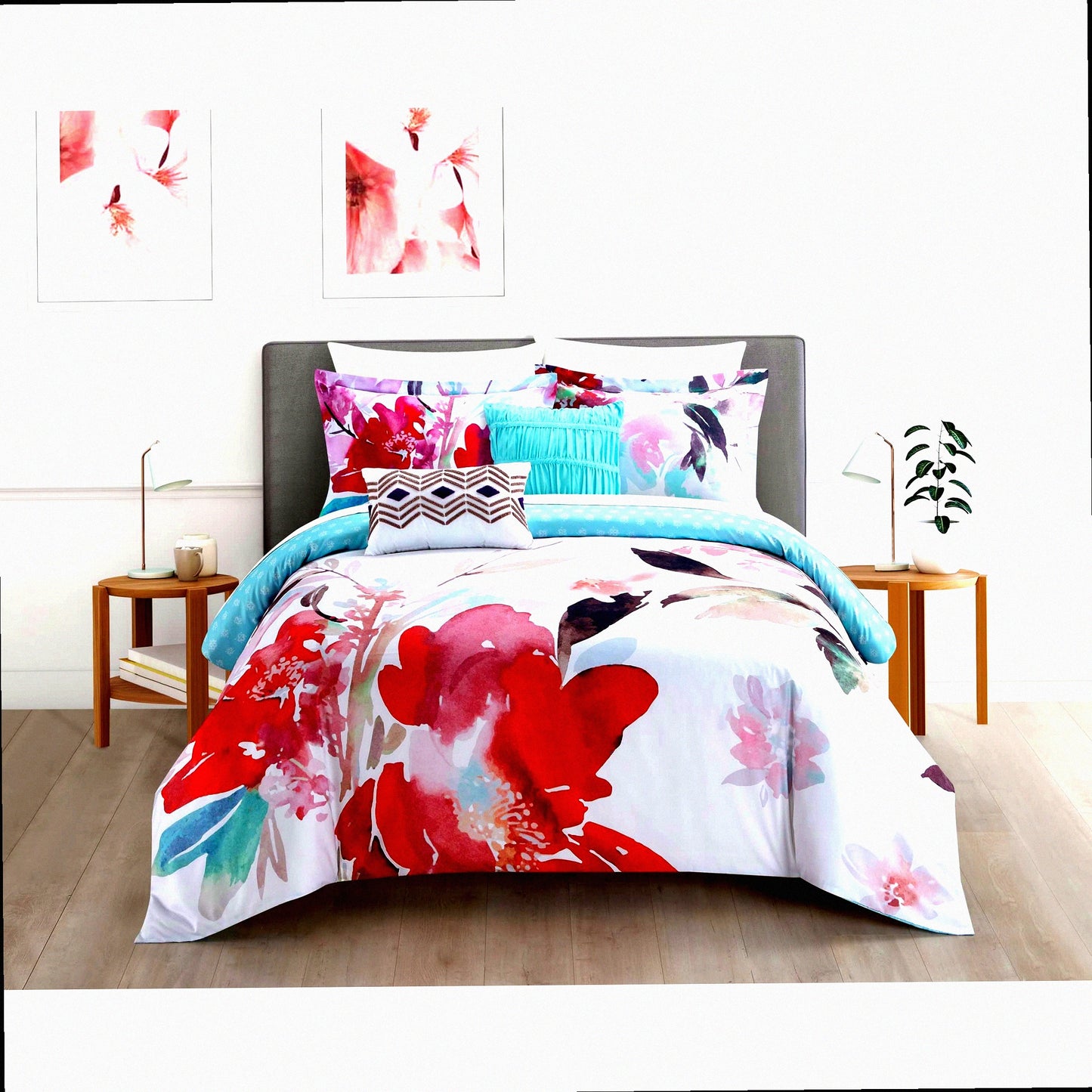 Watercolor Bloom 4-Piece Reversible Comforter Set - Floral Design Bedding with Decorative Pillows and Sham - Twin Size