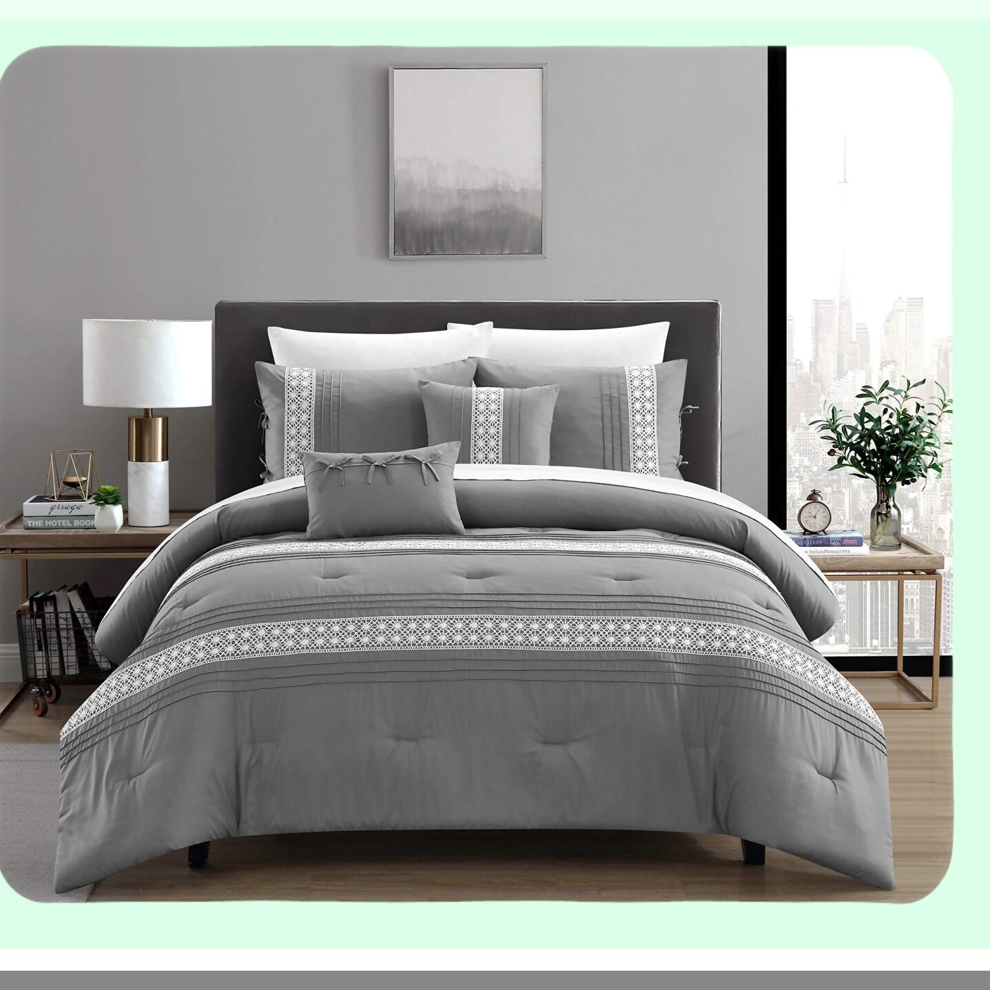 Pleated Grey Comforter Set with Embroidered Design - 4 Piece Bedding Bundle for Twin Beds with Decorative Pillows and Sham