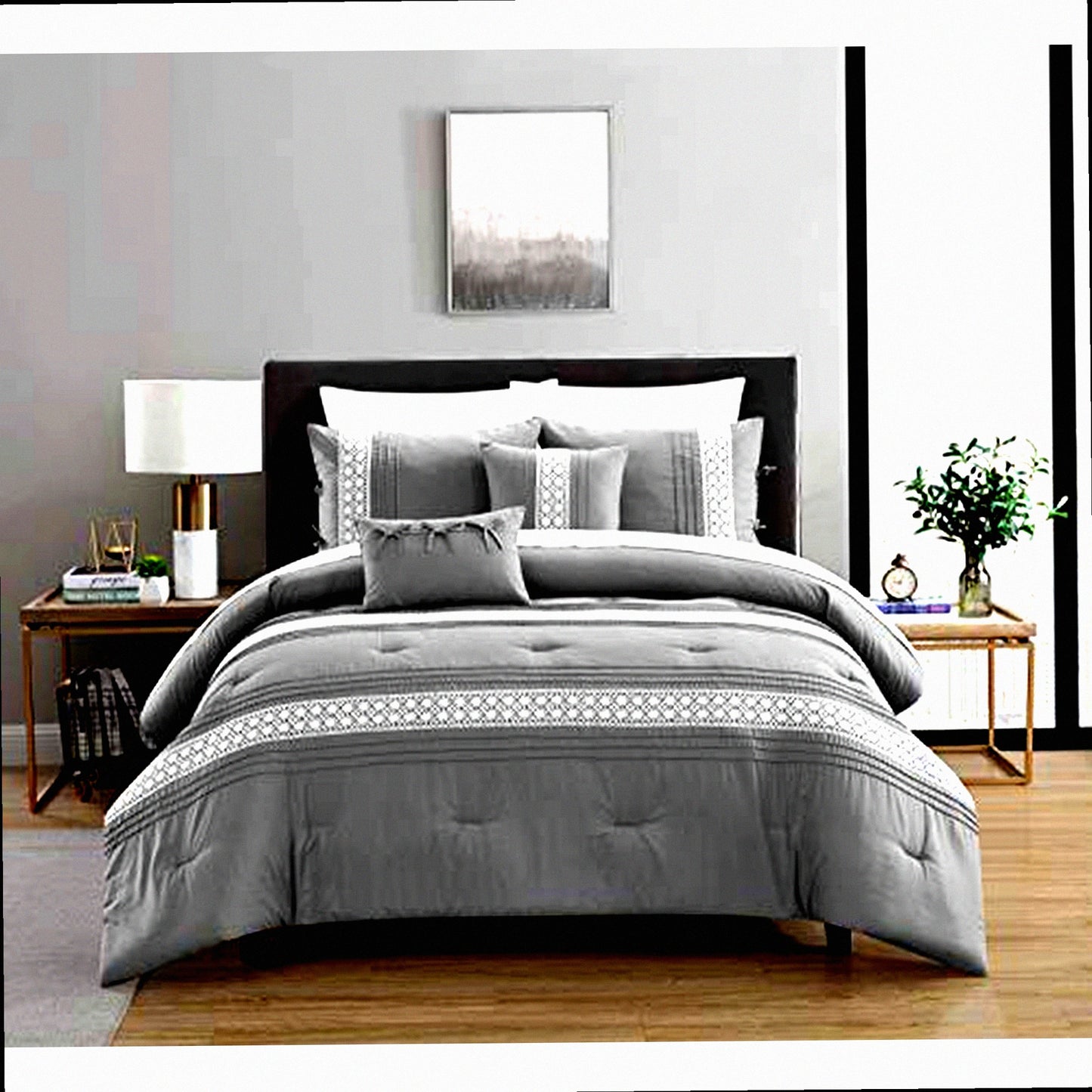 Pleated Grey Comforter Set with Embroidered Design - 4 Piece Bedding Bundle for Twin Beds with Decorative Pillows and Sham