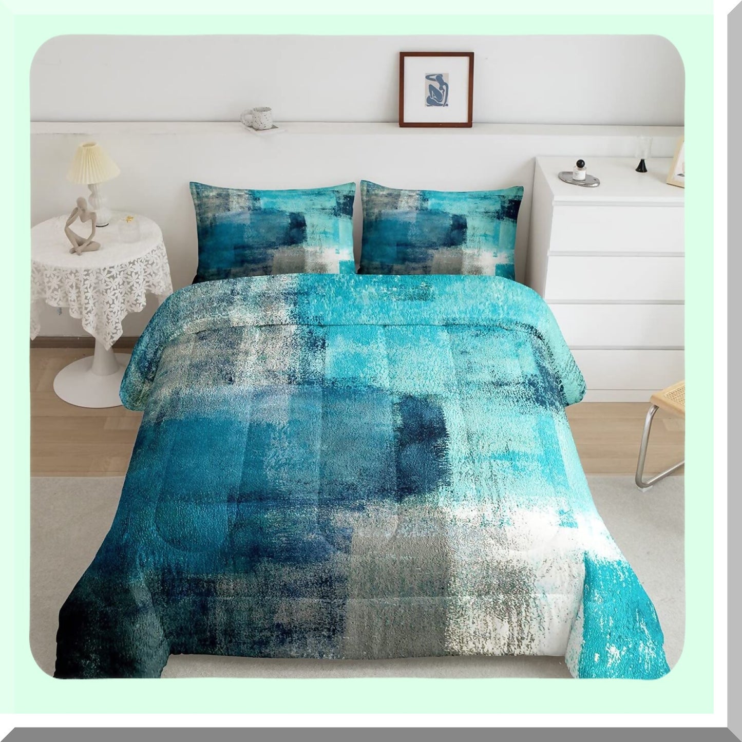 Teal Dream Comforter Set - Queen Size, Grunge Ombre Duvet Insert with Vintage Watercolor Artwork - Contemporary Quilt Bedding Set with 2 Pillowcases for Adult Bedroom Decor