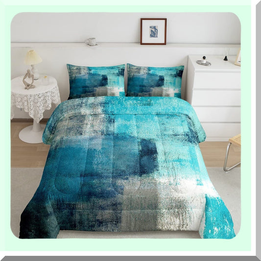 Teal Dream Comforter Set - Queen Size, Grunge Ombre Duvet Insert with Vintage Watercolor Artwork - Contemporary Quilt Bedding Set with 2 Pillowcases for Adult Bedroom Decor