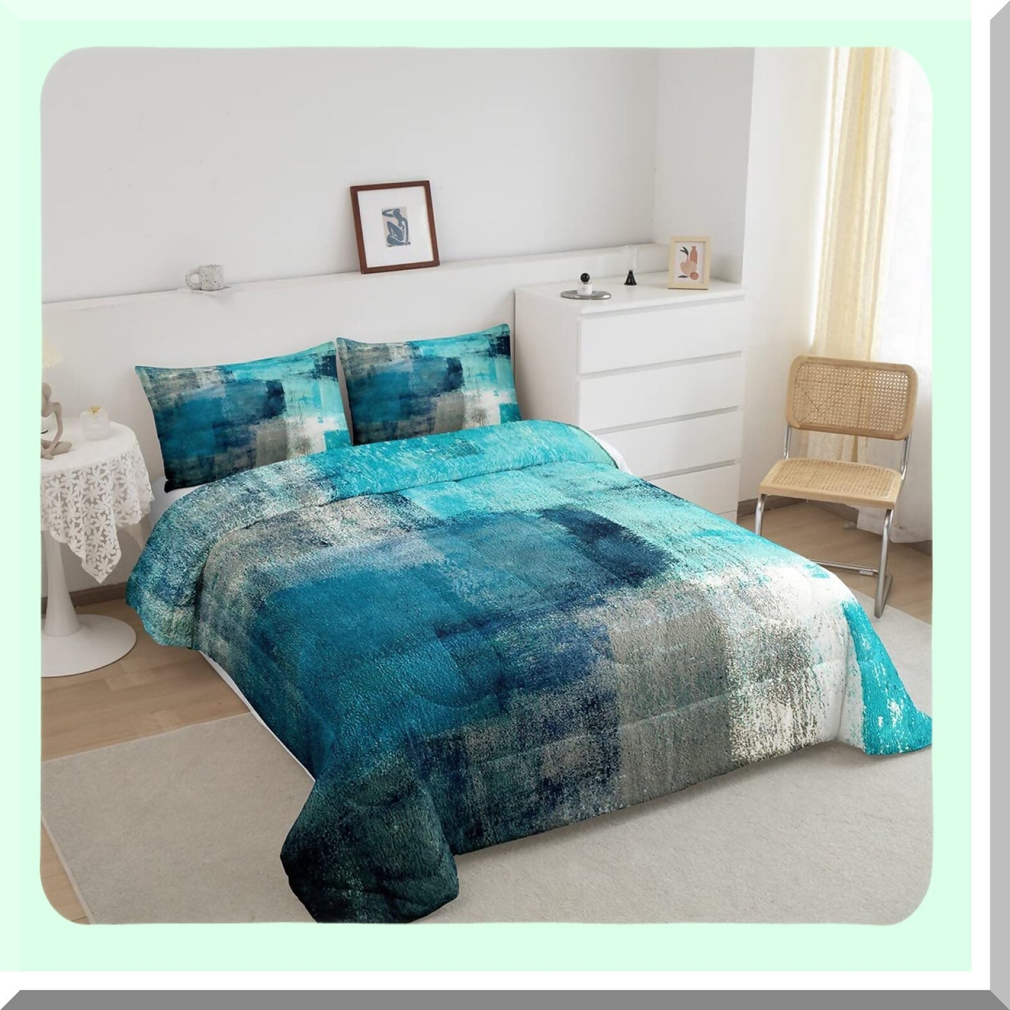 Teal Dream Comforter Set - Queen Size, Grunge Ombre Duvet Insert with Vintage Watercolor Artwork - Contemporary Quilt Bedding Set with 2 Pillowcases for Adult Bedroom Decor