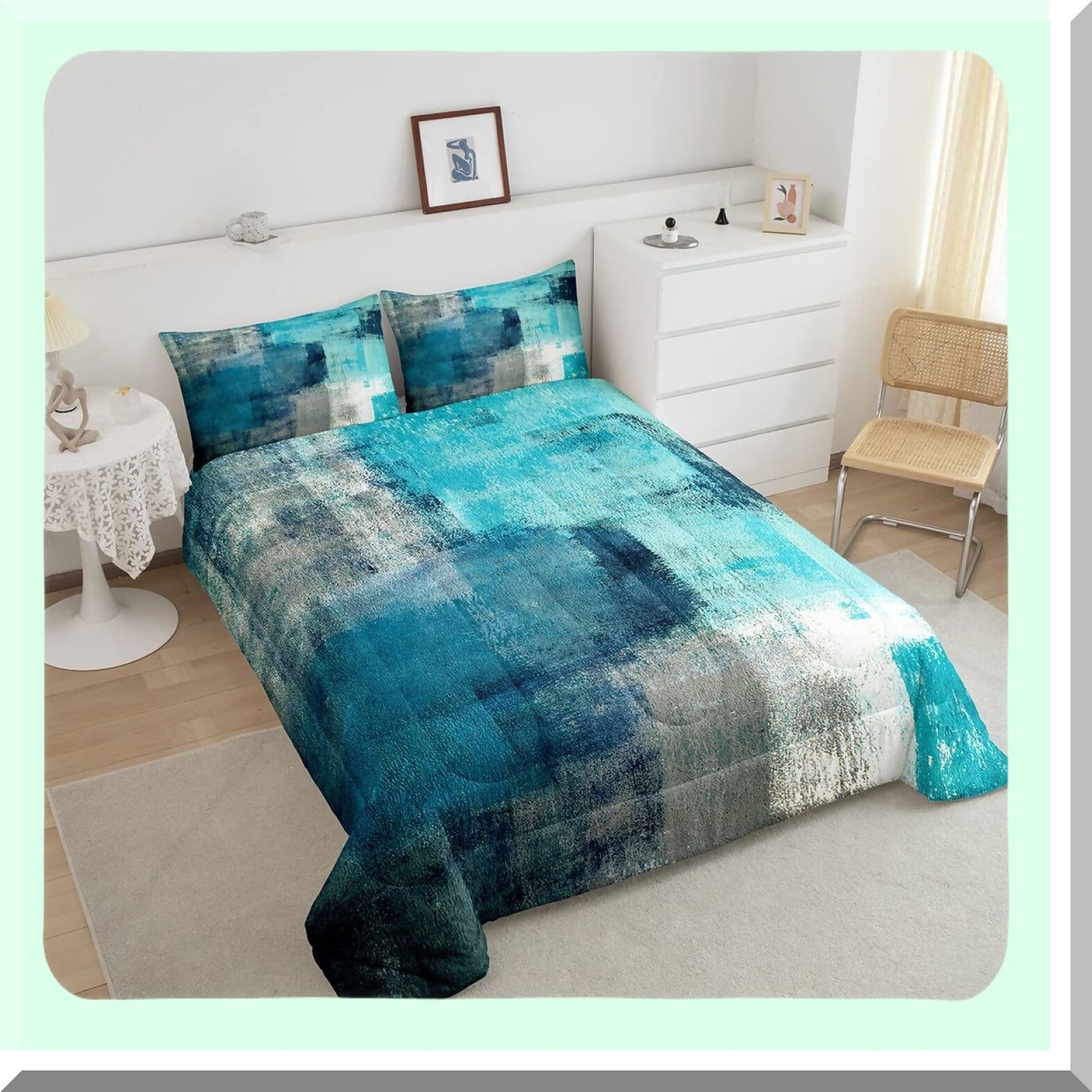 Teal Dream Comforter Set - Queen Size, Grunge Ombre Duvet Insert with Vintage Watercolor Artwork - Contemporary Quilt Bedding Set with 2 Pillowcases for Adult Bedroom Decor