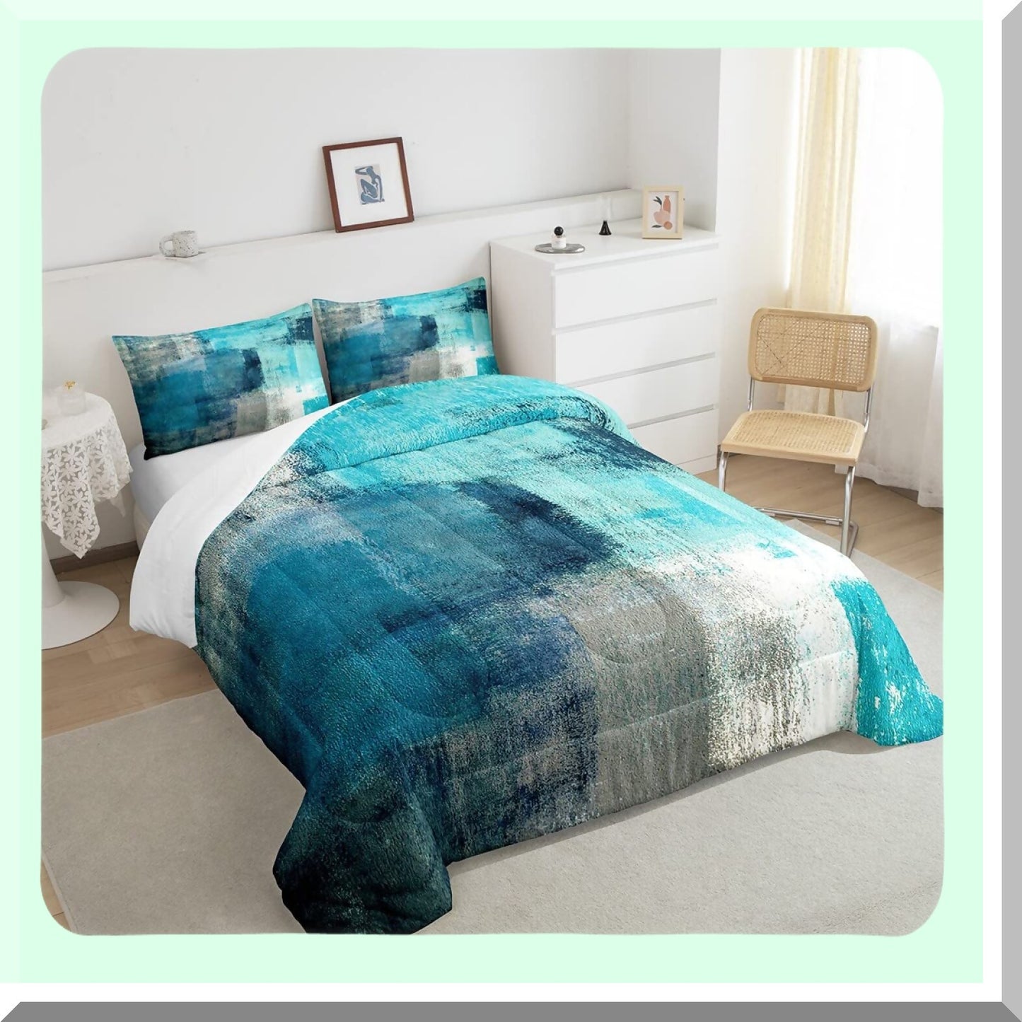 Teal Dream Comforter Set - Queen Size, Grunge Ombre Duvet Insert with Vintage Watercolor Artwork - Contemporary Quilt Bedding Set with 2 Pillowcases for Adult Bedroom Decor