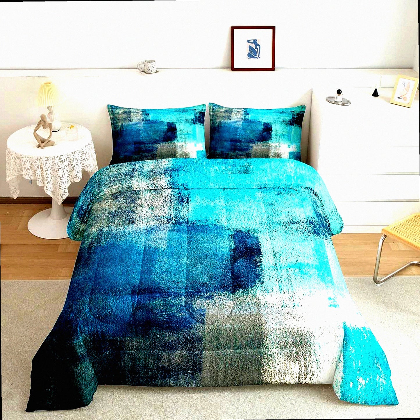 Teal Dream Comforter Set - Queen Size, Grunge Ombre Duvet Insert with Vintage Watercolor Artwork - Contemporary Quilt Bedding Set with 2 Pillowcases for Adult Bedroom Decor