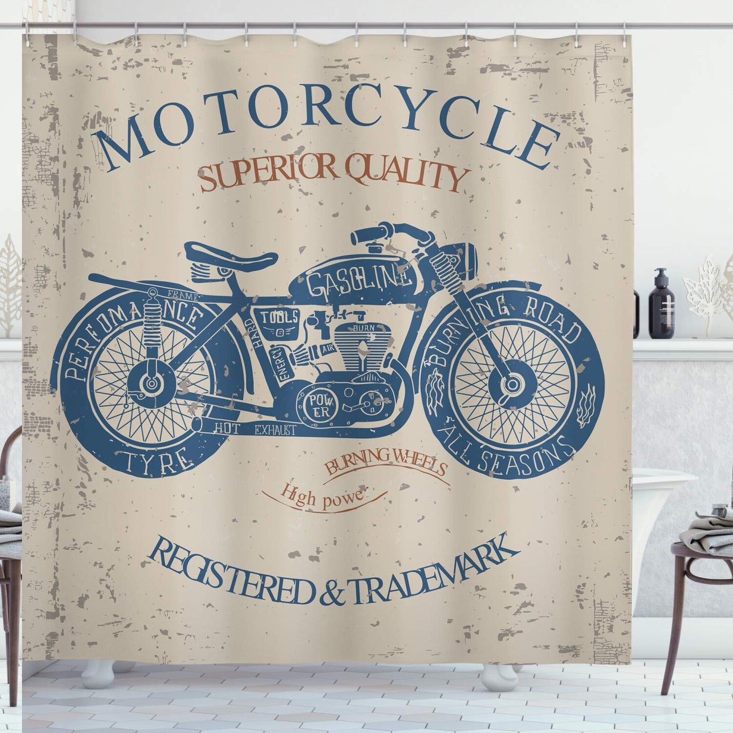 Vintage Bike Shower Curtain 69" x 75" Slate Blue Tan