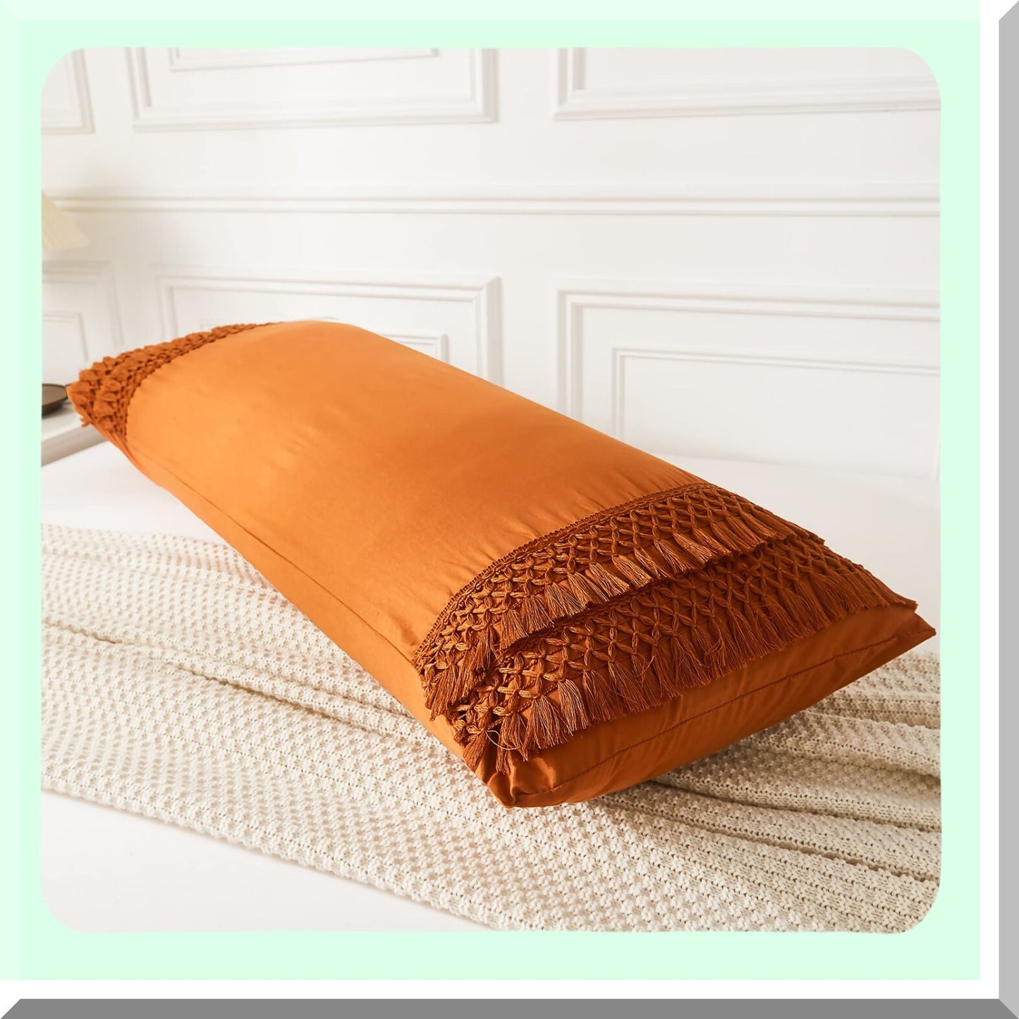 Rustic Boho Macrame Body Pillow Cover - 20x54 inches with Pocket Closure - Burnt Orange Tel Decor - Chic Body Pillow Case - Rust Tel Pattern