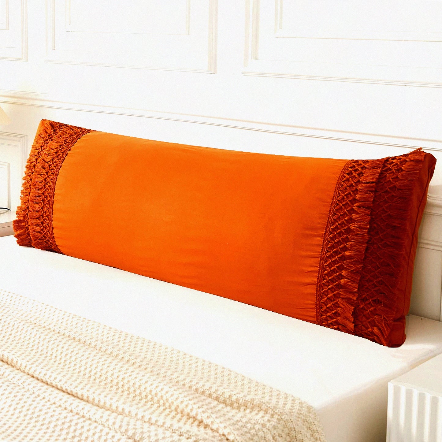 Rustic Boho Macrame Body Pillow Cover - 20x54 inches with Pocket Closure - Burnt Orange Tel Decor - Chic Body Pillow Case - Rust Tel Pattern