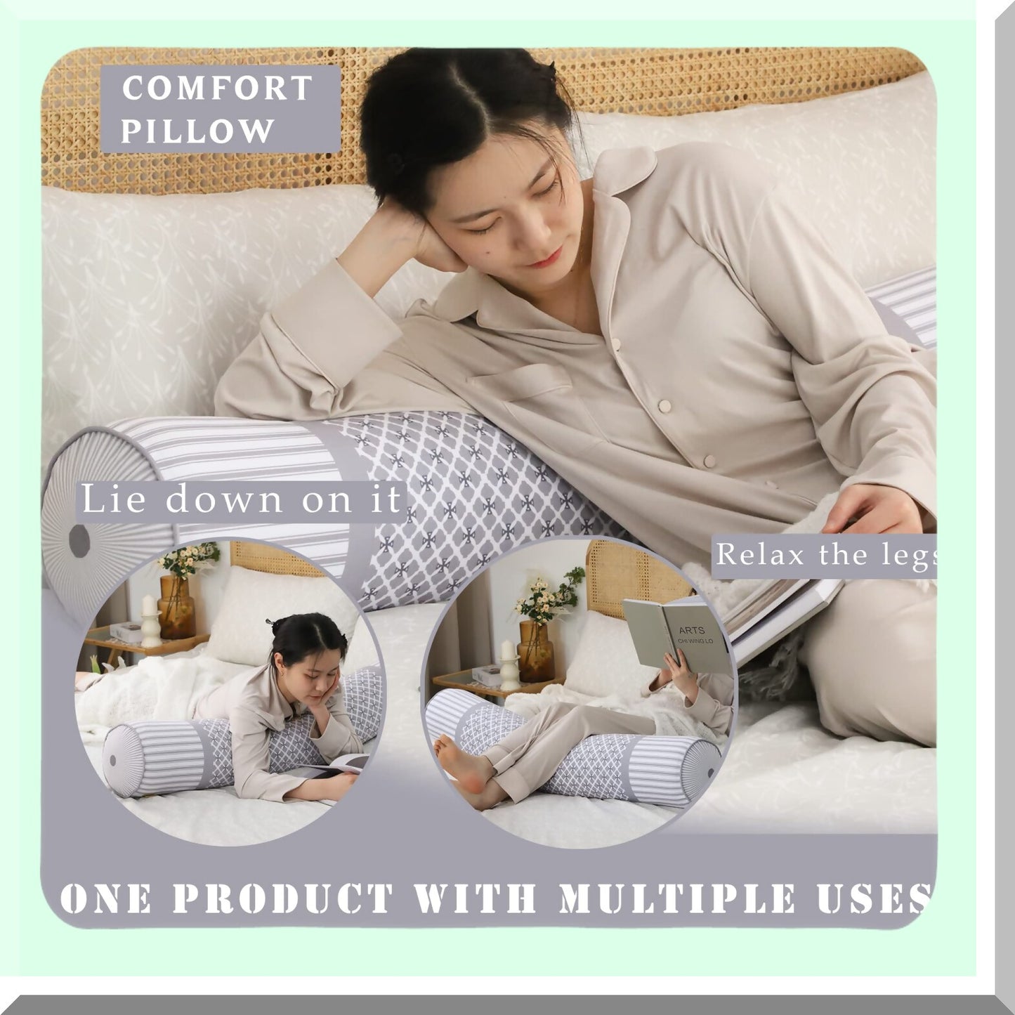 CozySleep Body Cylinder Pillow - 47in x 7.8in Full Body Pillow for Adults, Detachable Cover, Hugging Pillow for Sleeping, Grey Color