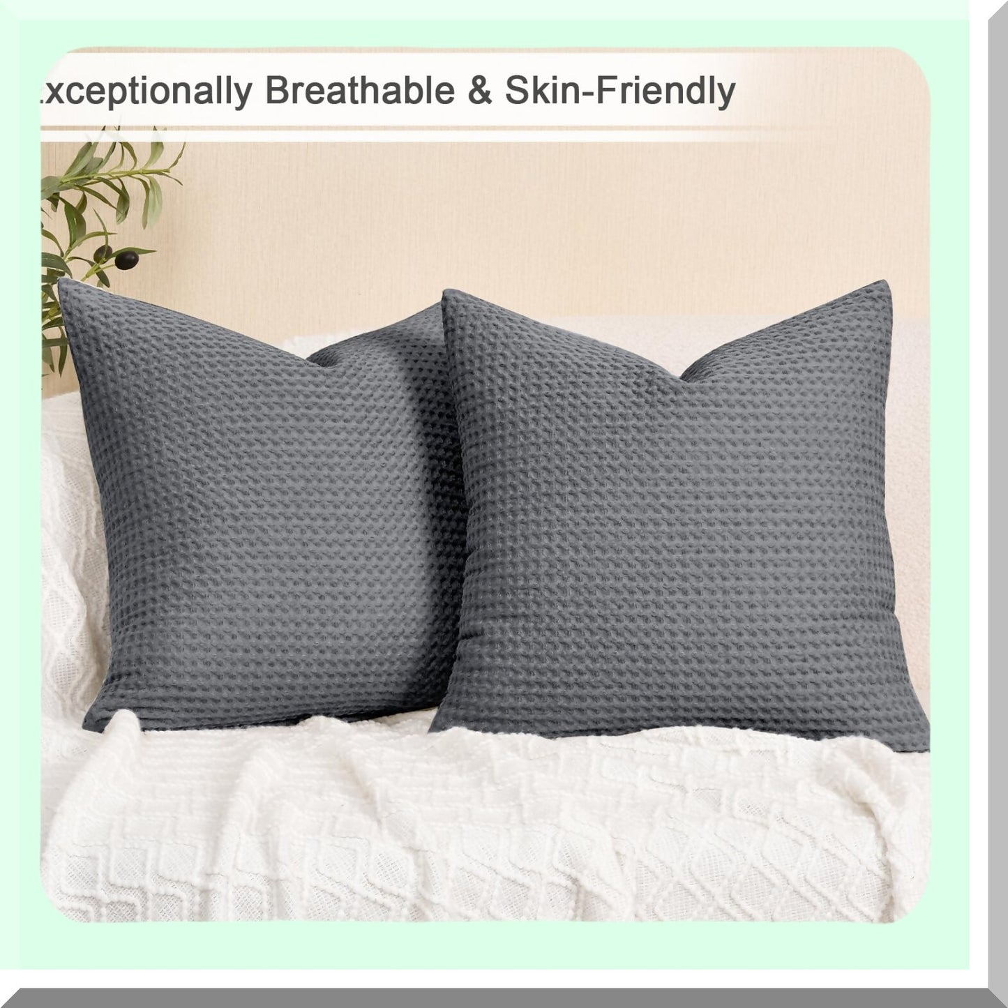 Luxury Charcoal Grey Waffle Weave Pillow Covers - Set of 2 | Elegant 18" x 18" Decorative Cotton Throw Pillow Cases for Couch, Sofa, Bed | No Insert Included