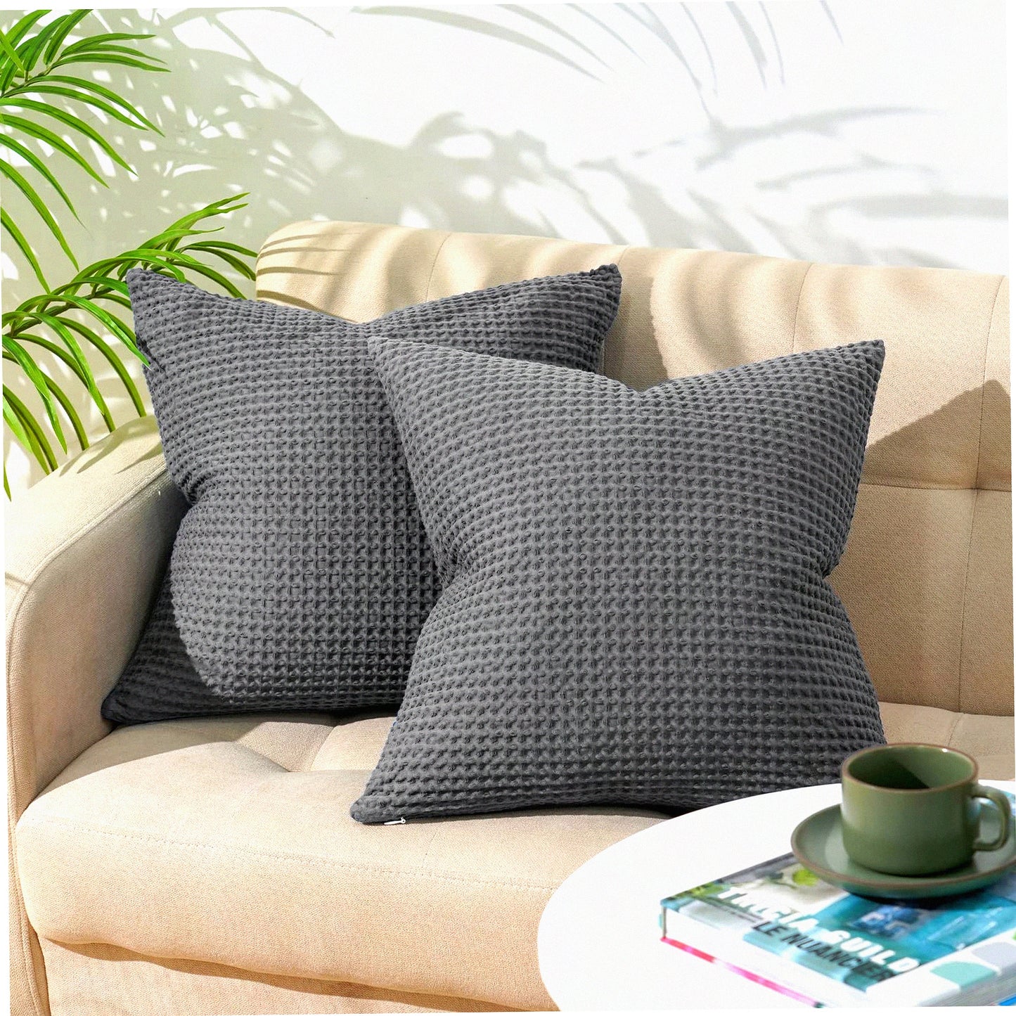 Luxury Charcoal Grey Waffle Weave Pillow Covers - Set of 2 | Elegant 18" x 18" Decorative Cotton Throw Pillow Cases for Couch, Sofa, Bed | No Insert Included