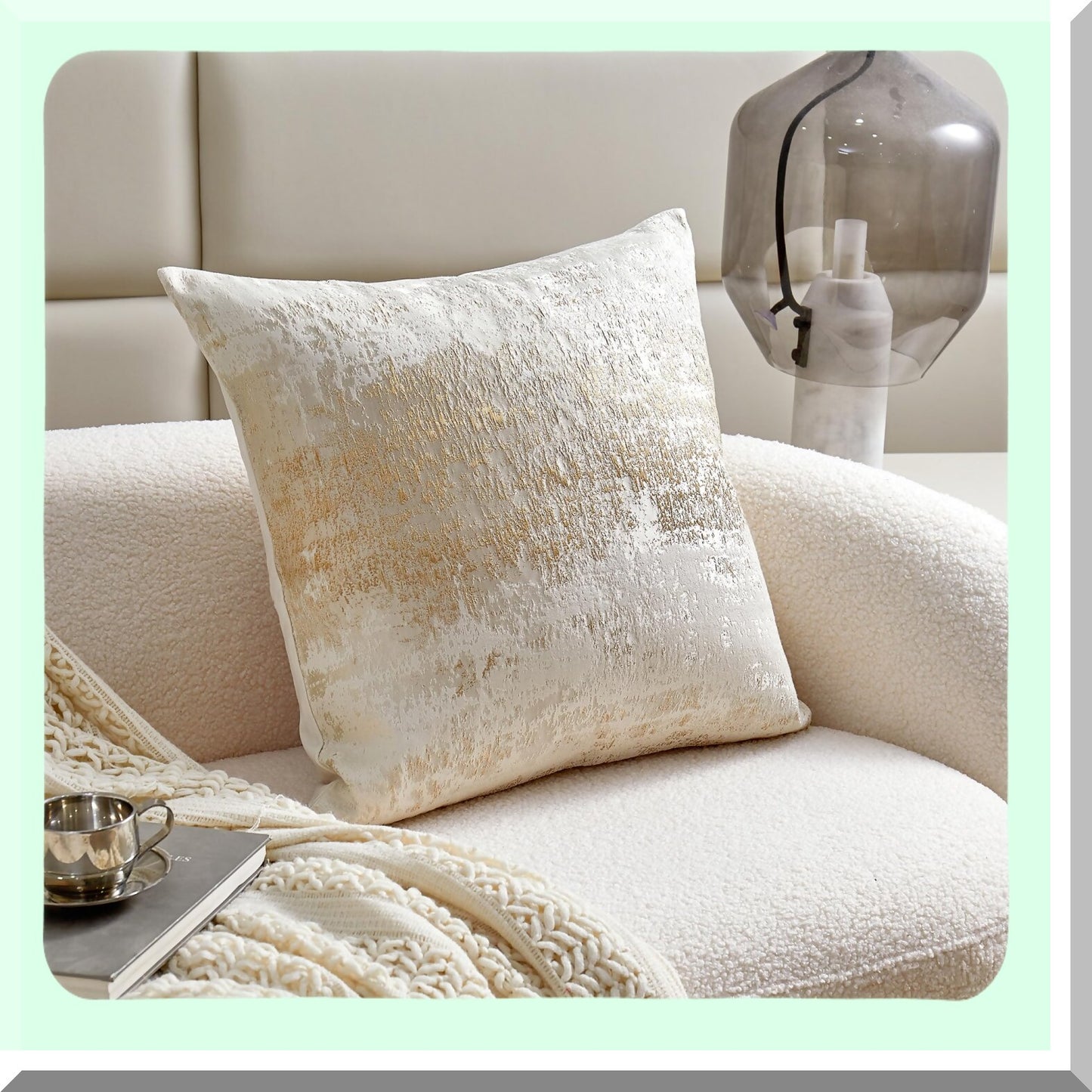 Golden Glitter Sparkle Cushion Cover - Soft Beige Square Pillowcase for Couch, Bed, Chair - Decorative Throw Pillow Cover - Cream Beige - 18x18 inches