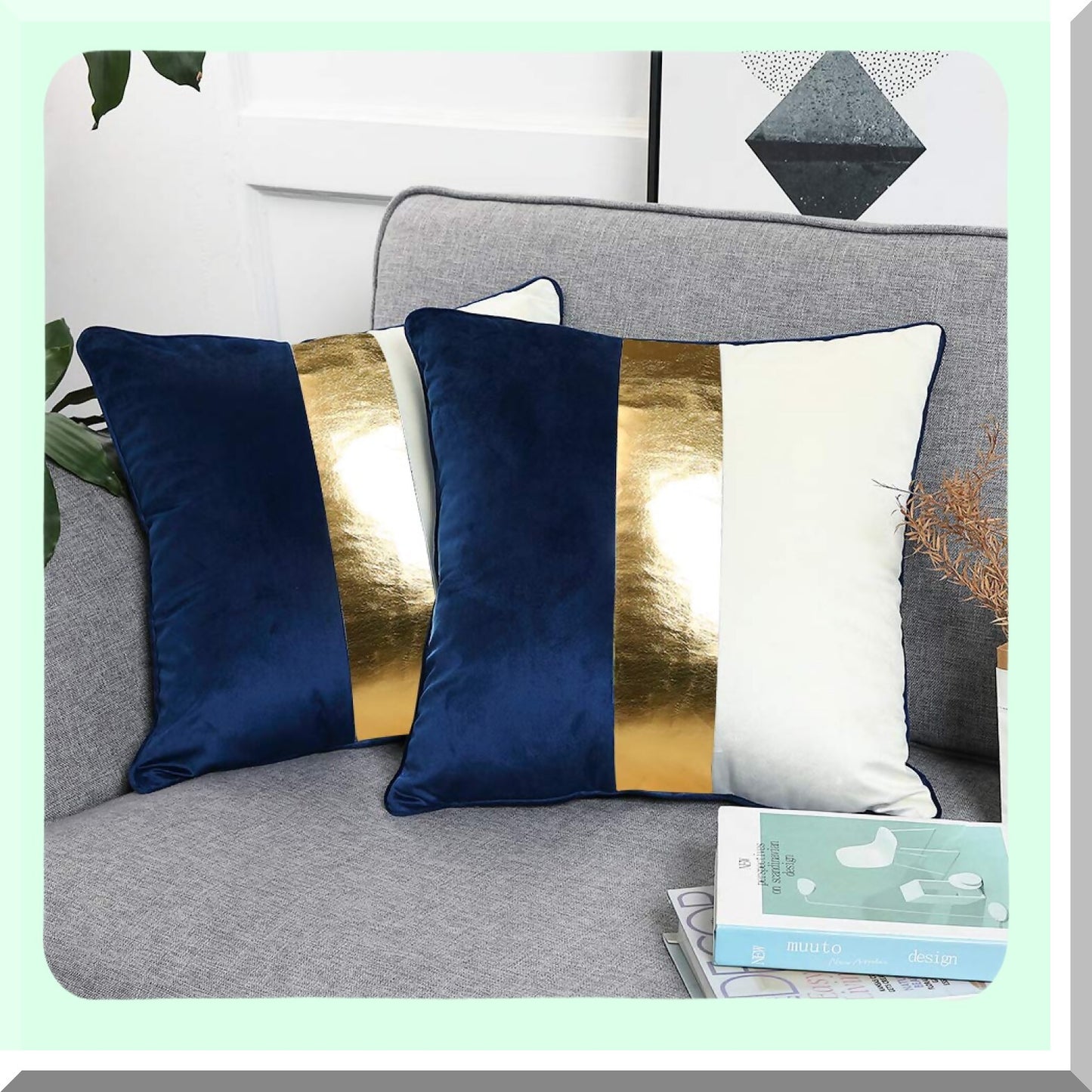 Luxury Velvet Patchwork Throw Pillow Set - Navy Blue Beige Gold Cushion Cover - Modern Home Decor for Living Room Bedroom Car - 20x20 Set of 2