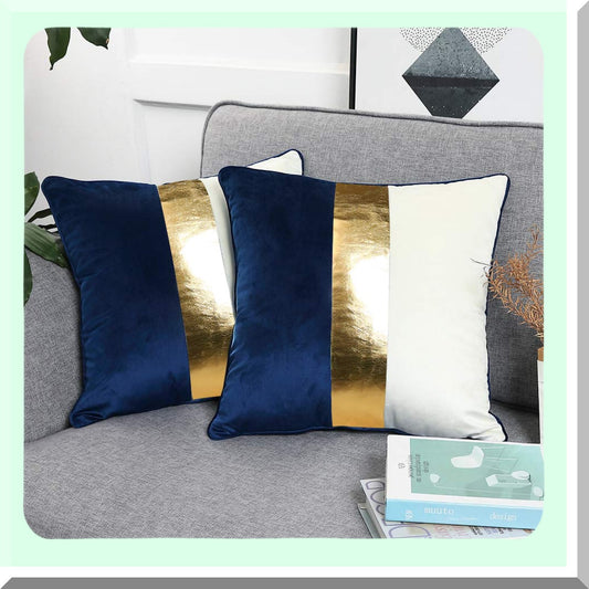 Luxury Velvet Patchwork Throw Pillow Set - Navy Blue Beige Gold Cushion Cover - Modern Home Decor for Living Room Bedroom Car - 20x20 Set of 2
