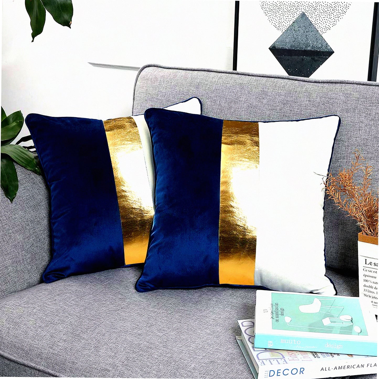 Luxury Velvet Patchwork Throw Pillow Set - Navy Blue Beige Gold Cushion Cover - Modern Home Decor for Living Room Bedroom Car - 20x20 Set of 2