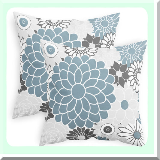Blooming Dahlia Floral Throw Pillow Covers - Cozy Fleece Cushion Cases for Couch Bed Sofa - Farmhouse Decor Pack of 2 - 18 X 18 Inches Smoke Blue Grey