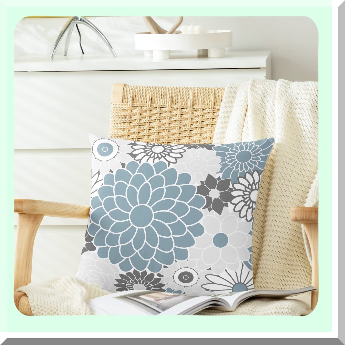 Blooming Dahlia Floral Throw Pillow Covers - Cozy Fleece Cushion Cases for Couch Bed Sofa - Farmhouse Decor Pack of 2 - 18 X 18 Inches Smoke Blue Grey