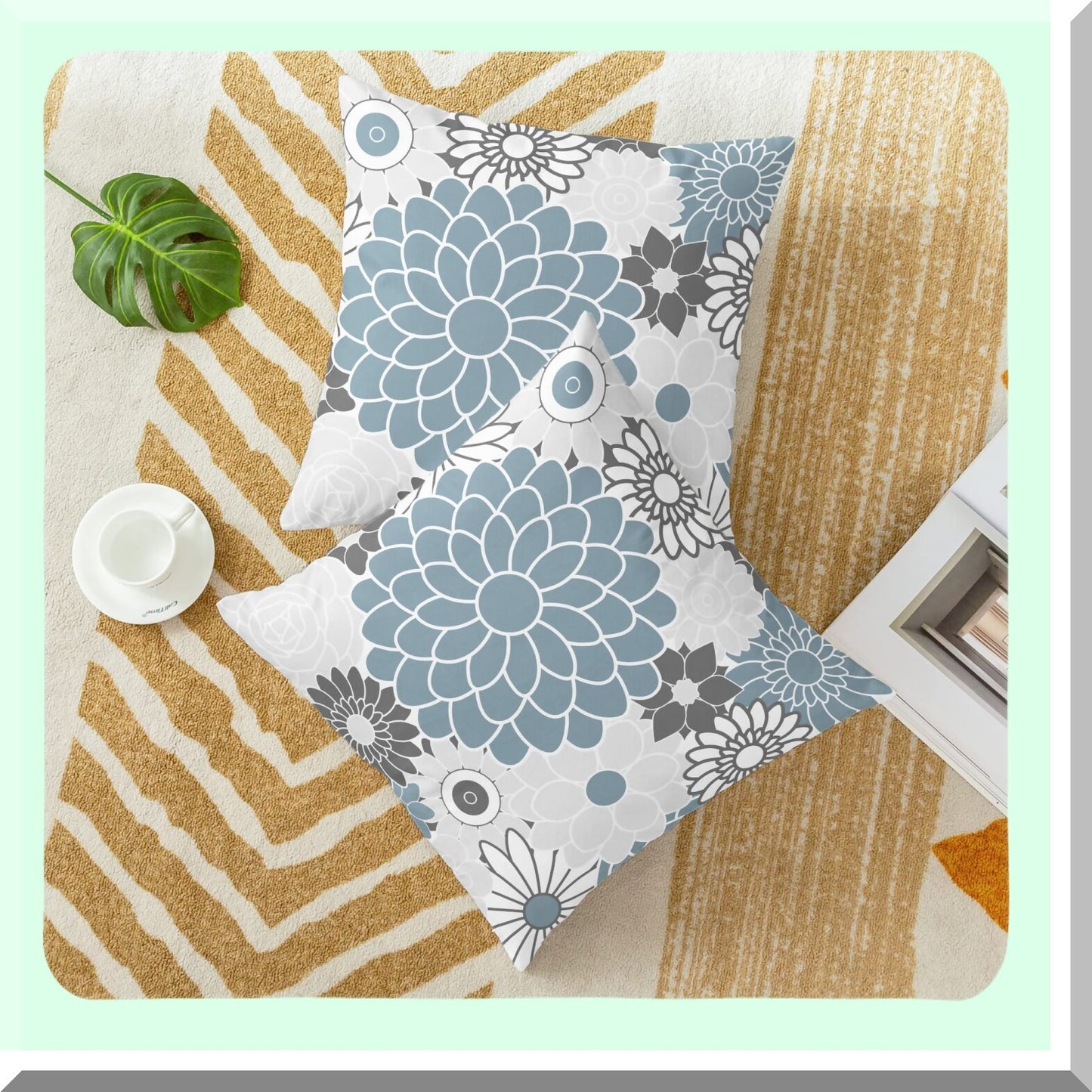 Blooming Dahlia Floral Throw Pillow Covers - Cozy Fleece Cushion Cases for Couch Bed Sofa - Farmhouse Decor Pack of 2 - 18 X 18 Inches Smoke Blue Grey