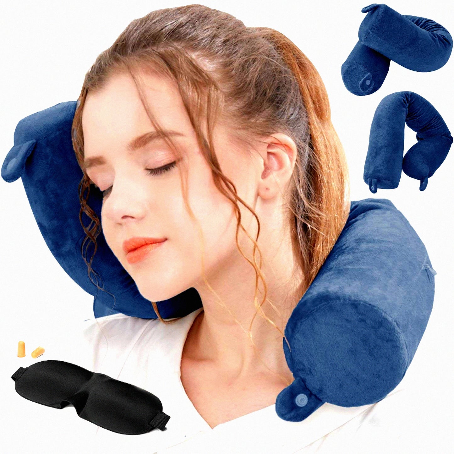 ErgoFlex Memory Foam Travel Pillow - Neck, Chin, Lumbar & Leg Support for Airplane, Bus, Train & Home - Navy Blue Comfort Cushion