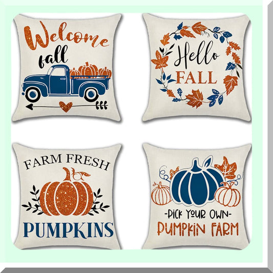 Autumn Harvest Pillowcase Set - 18x18 Inch Pumpkin & Maple Leaf Decorative Cushion Covers for Fall Home Decor - Farmhouse Sofa Pillow Covers - Set of 4