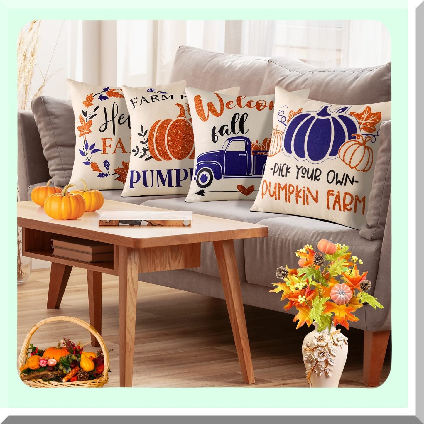 Autumn Harvest Pillowcase Set - 18x18 Inch Pumpkin & Maple Leaf Decorative Cushion Covers for Fall Home Decor - Farmhouse Sofa Pillow Covers - Set of 4