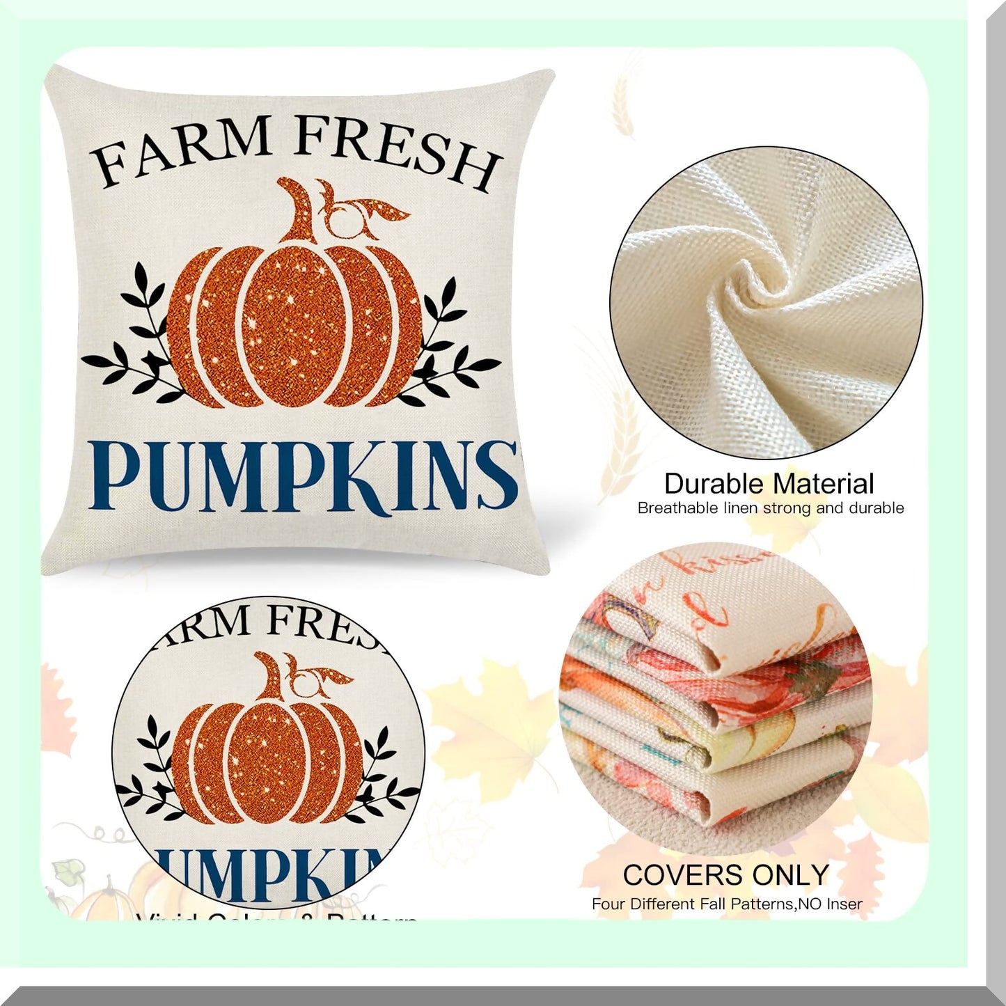 Autumn Harvest Pillowcase Set - 18x18 Inch Pumpkin & Maple Leaf Decorative Cushion Covers for Fall Home Decor - Farmhouse Sofa Pillow Covers - Set of 4