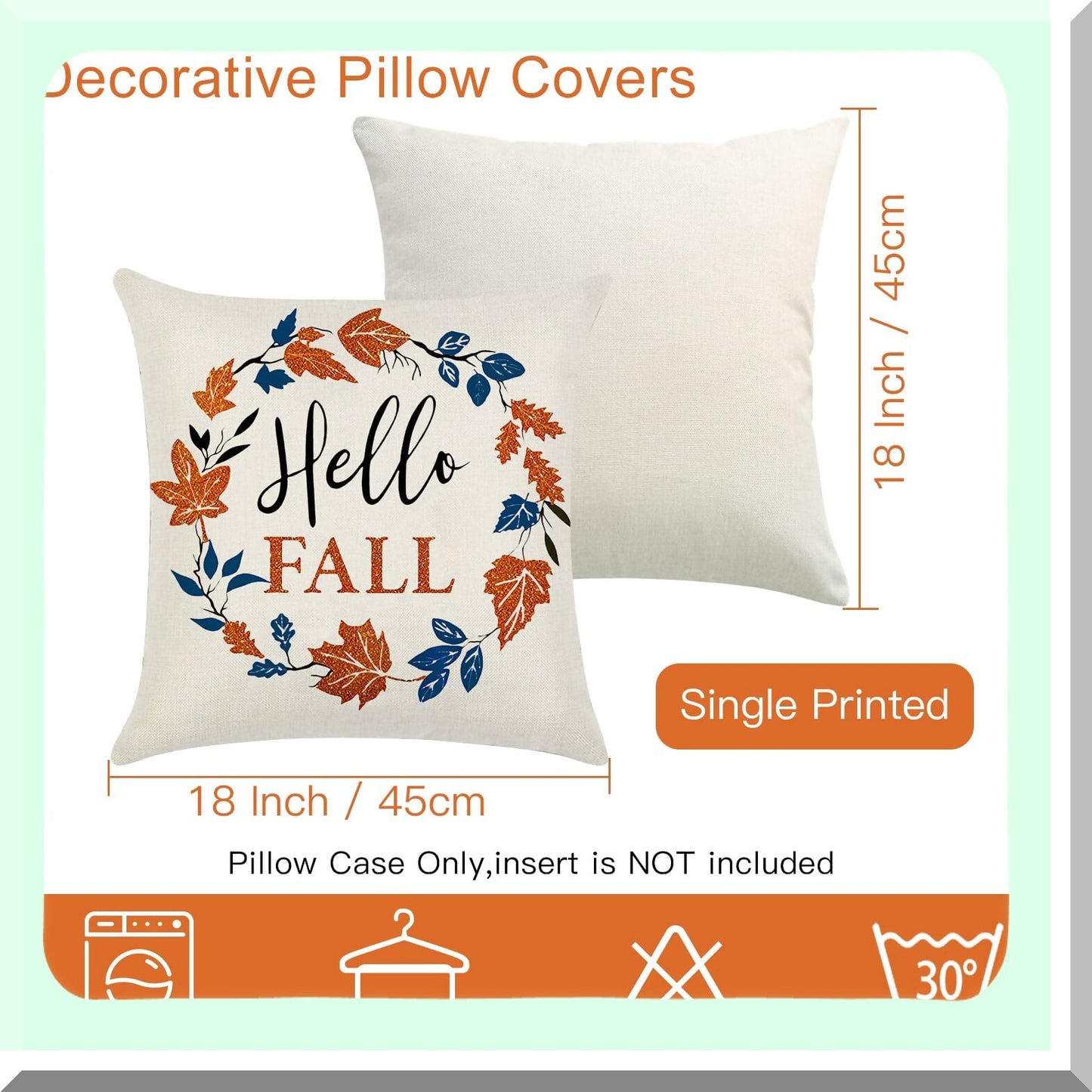 Autumn Harvest Pillowcase Set - 18x18 Inch Pumpkin & Maple Leaf Decorative Cushion Covers for Fall Home Decor - Farmhouse Sofa Pillow Covers - Set of 4