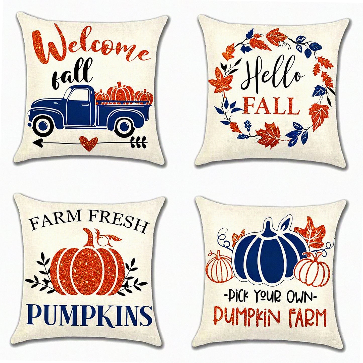 Autumn Harvest Pillowcase Set - 18x18 Inch Pumpkin & Maple Leaf Decorative Cushion Covers for Fall Home Decor - Farmhouse Sofa Pillow Covers - Set of 4