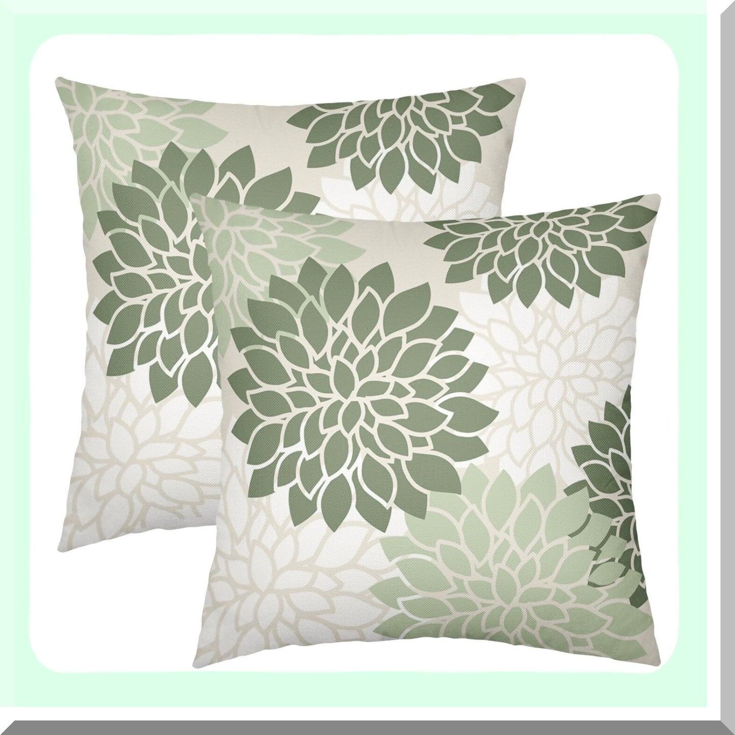 Floral Geometry Sage Green Pillow Covers - Set of 2 18x18 Inch Decorative Throw Pillows for Couch, Modern Dahlia Flowers Home Decor Case for Living Room, Patio Outdoor Sofa Porch
