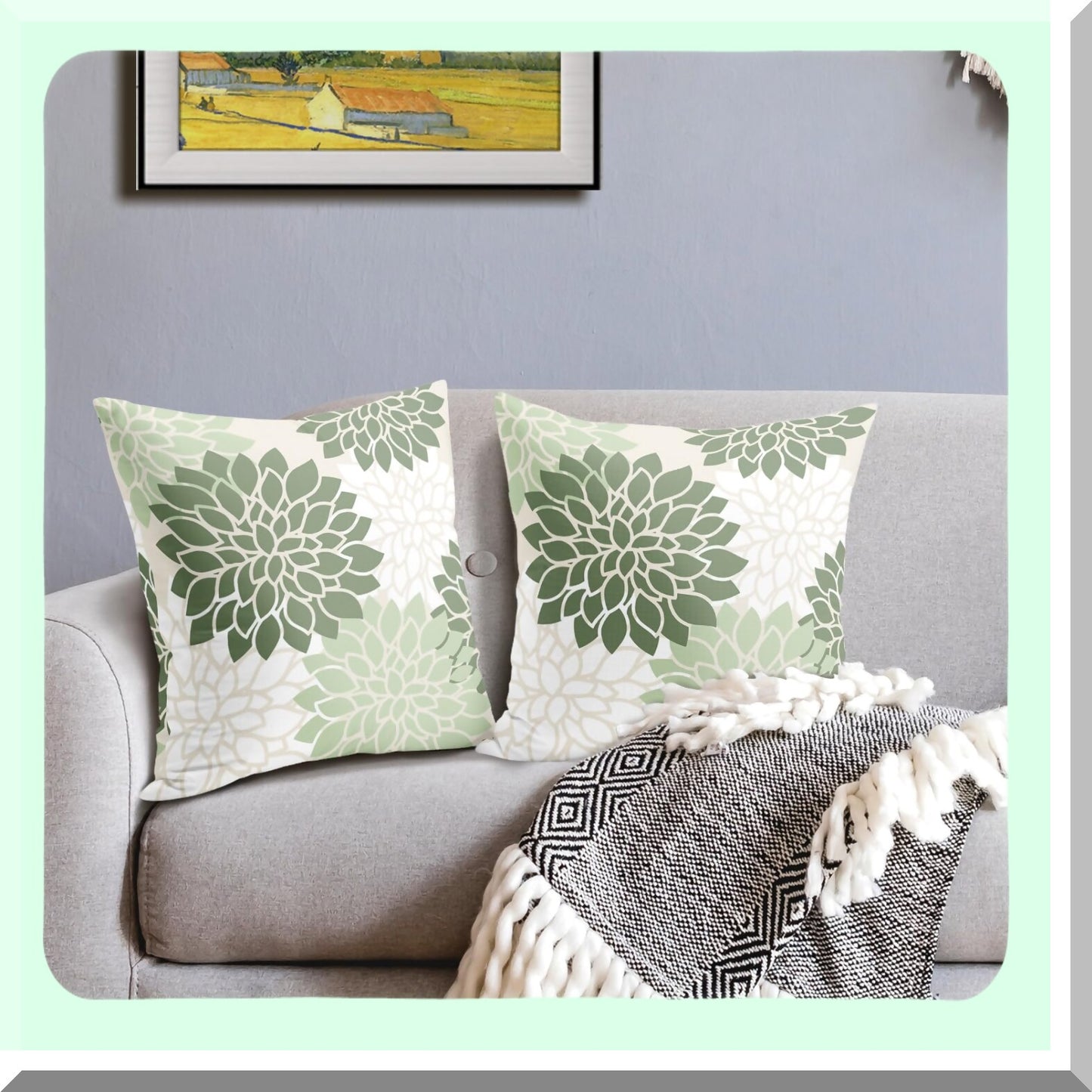 Floral Geometry Sage Green Pillow Covers - Set of 2 18x18 Inch Decorative Throw Pillows for Couch, Modern Dahlia Flowers Home Decor Case for Living Room, Patio Outdoor Sofa Porch