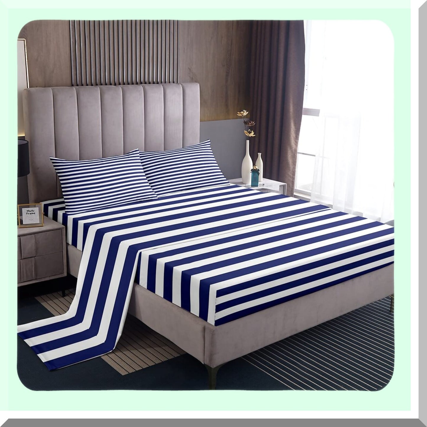 StripeTwin Geometric Fitted Sheet Set - Navy Blue & White Farmhouse Decor - Horizontal Stripes Gothic Home Bedding - Modern Abstract Design