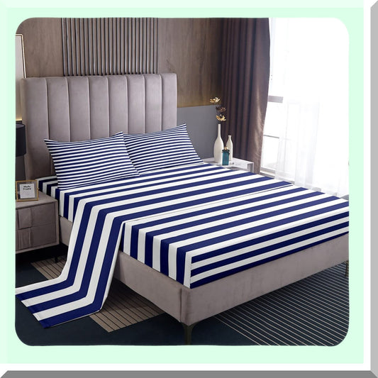 StripeTwin Geometric Fitted Sheet Set - Navy Blue & White Farmhouse Decor - Horizontal Stripes Gothic Home Bedding - Modern Abstract Design