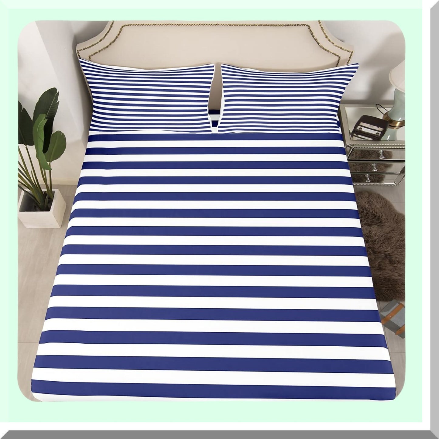 StripeTwin Geometric Fitted Sheet Set - Navy Blue & White Farmhouse Decor - Horizontal Stripes Gothic Home Bedding - Modern Abstract Design