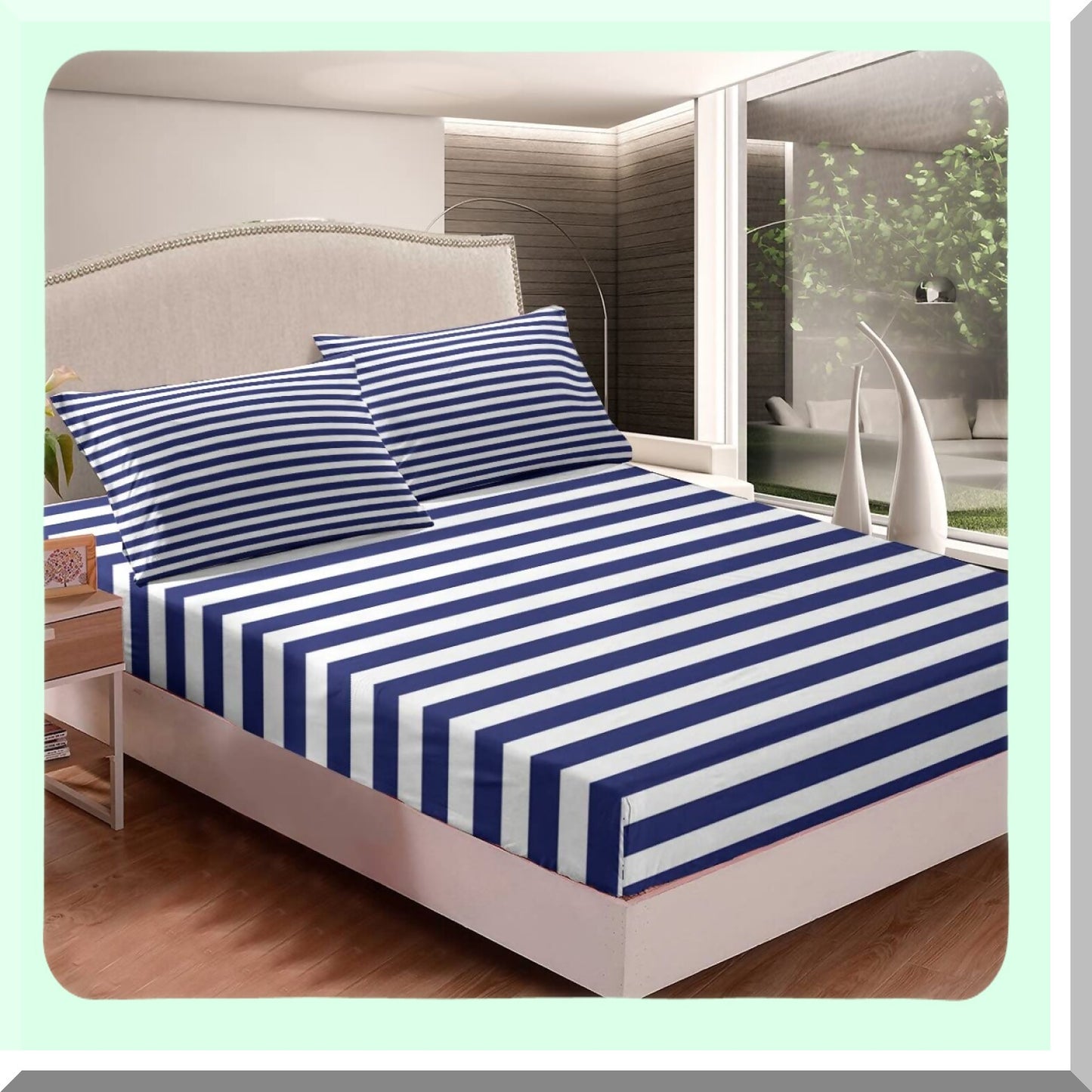 StripeTwin Geometric Fitted Sheet Set - Navy Blue & White Farmhouse Decor - Horizontal Stripes Gothic Home Bedding - Modern Abstract Design