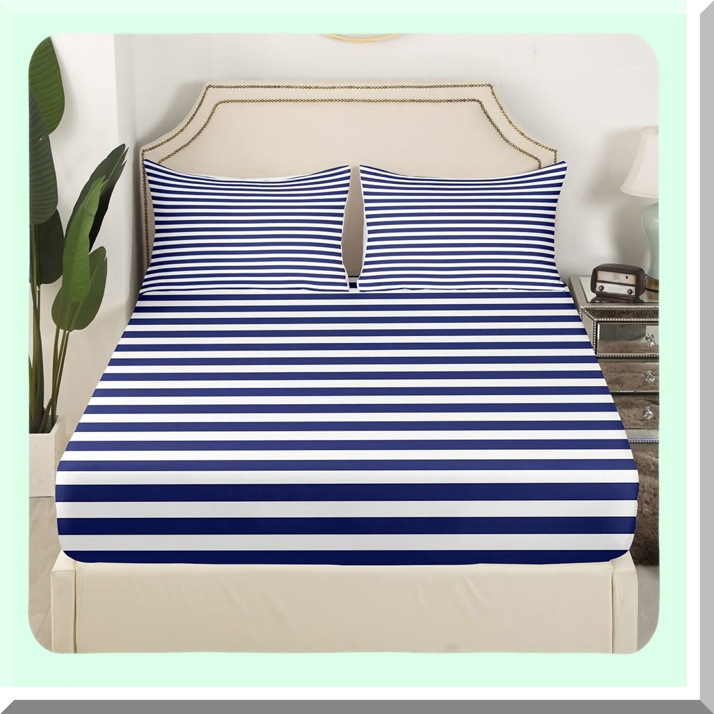 StripeTwin Geometric Fitted Sheet Set - Navy Blue & White Farmhouse Decor - Horizontal Stripes Gothic Home Bedding - Modern Abstract Design
