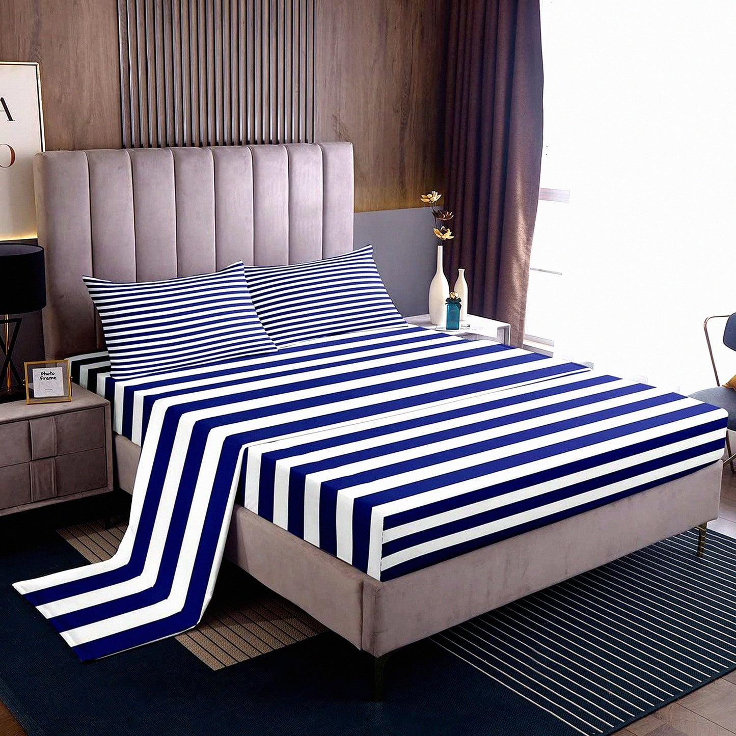 StripeTwin Geometric Fitted Sheet Set - Navy Blue & White Farmhouse Decor - Horizontal Stripes Gothic Home Bedding - Modern Abstract Design