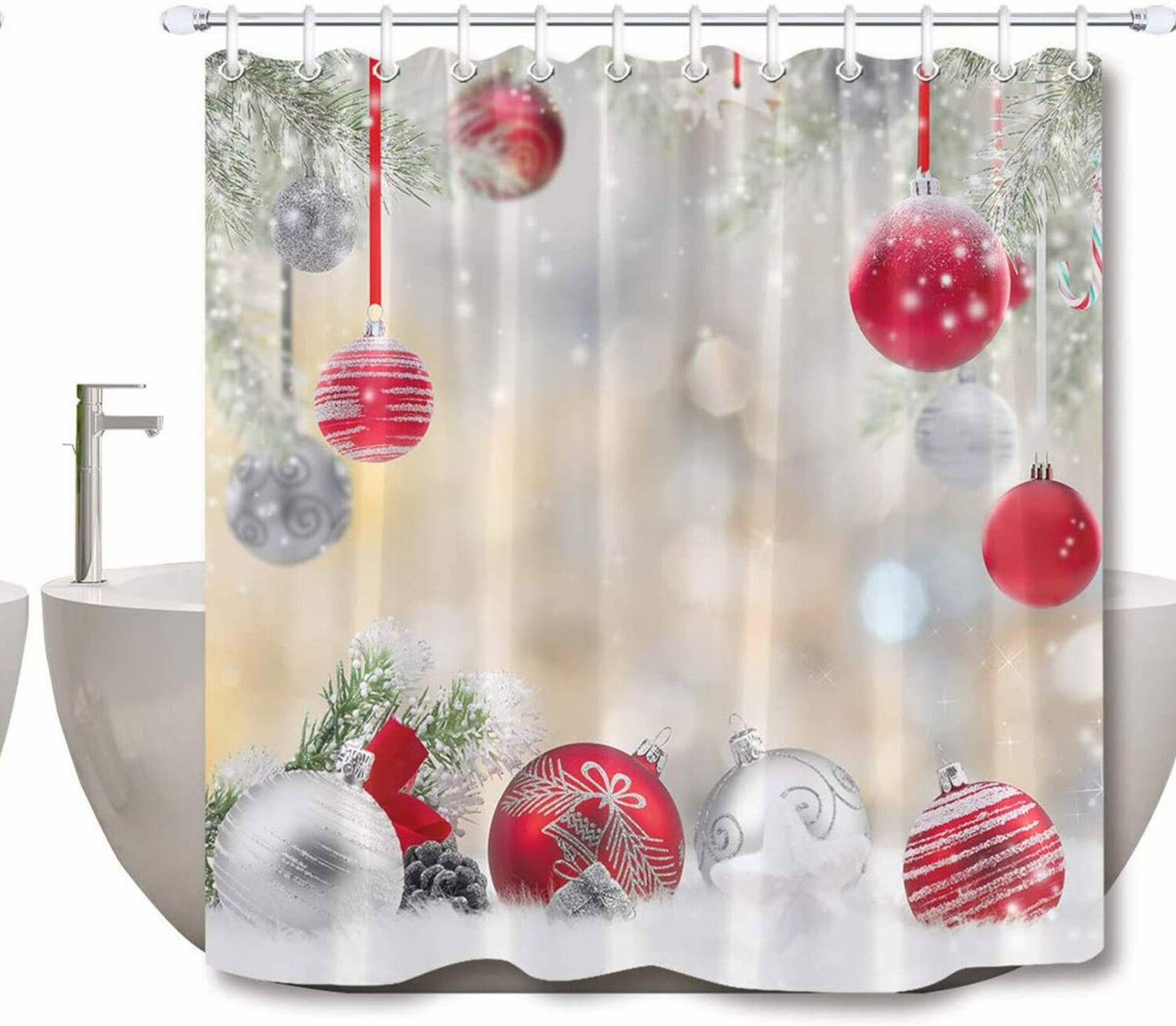 Red Snowflake Shower Curtain Set 72x72 inch Waterproof Polyester