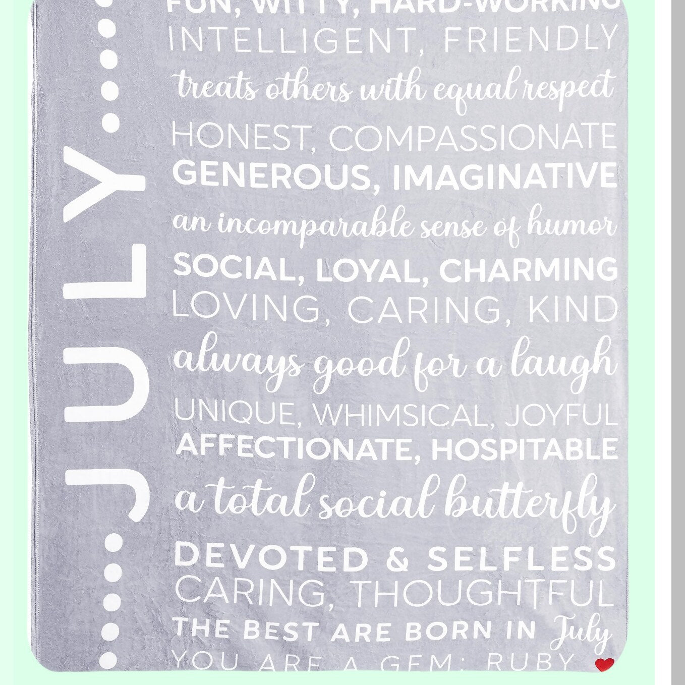July Birth Month Royal Plush Blanket - Birthday Throw with Red Embroidered Heart, 50 x 60-inch, Gray