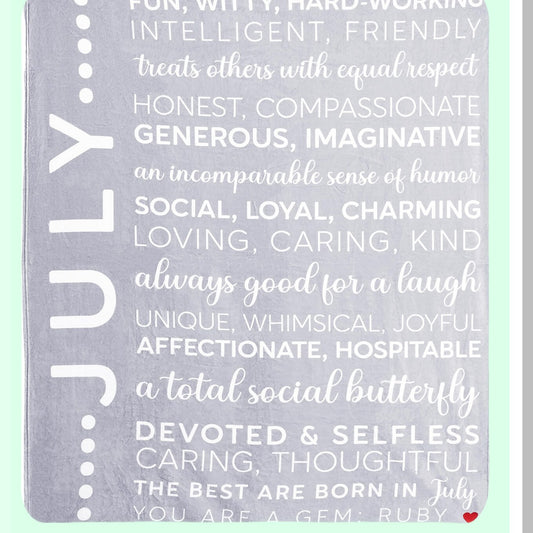 July Birth Month Royal Plush Blanket - Birthday Throw with Red Embroidered Heart, 50 x 60-inch, Gray