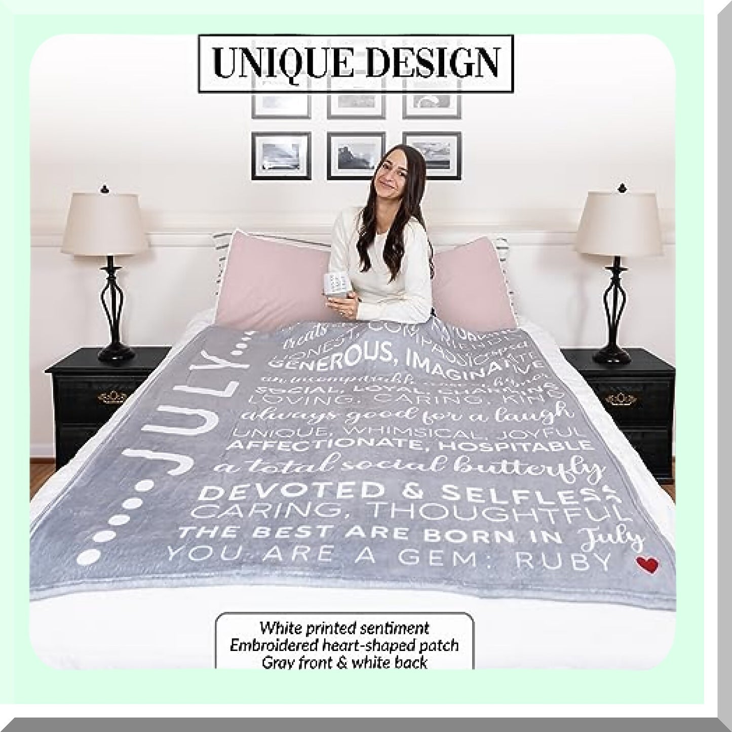 July Birth Month Royal Plush Blanket - Birthday Throw with Red Embroidered Heart, 50 x 60-inch, Gray