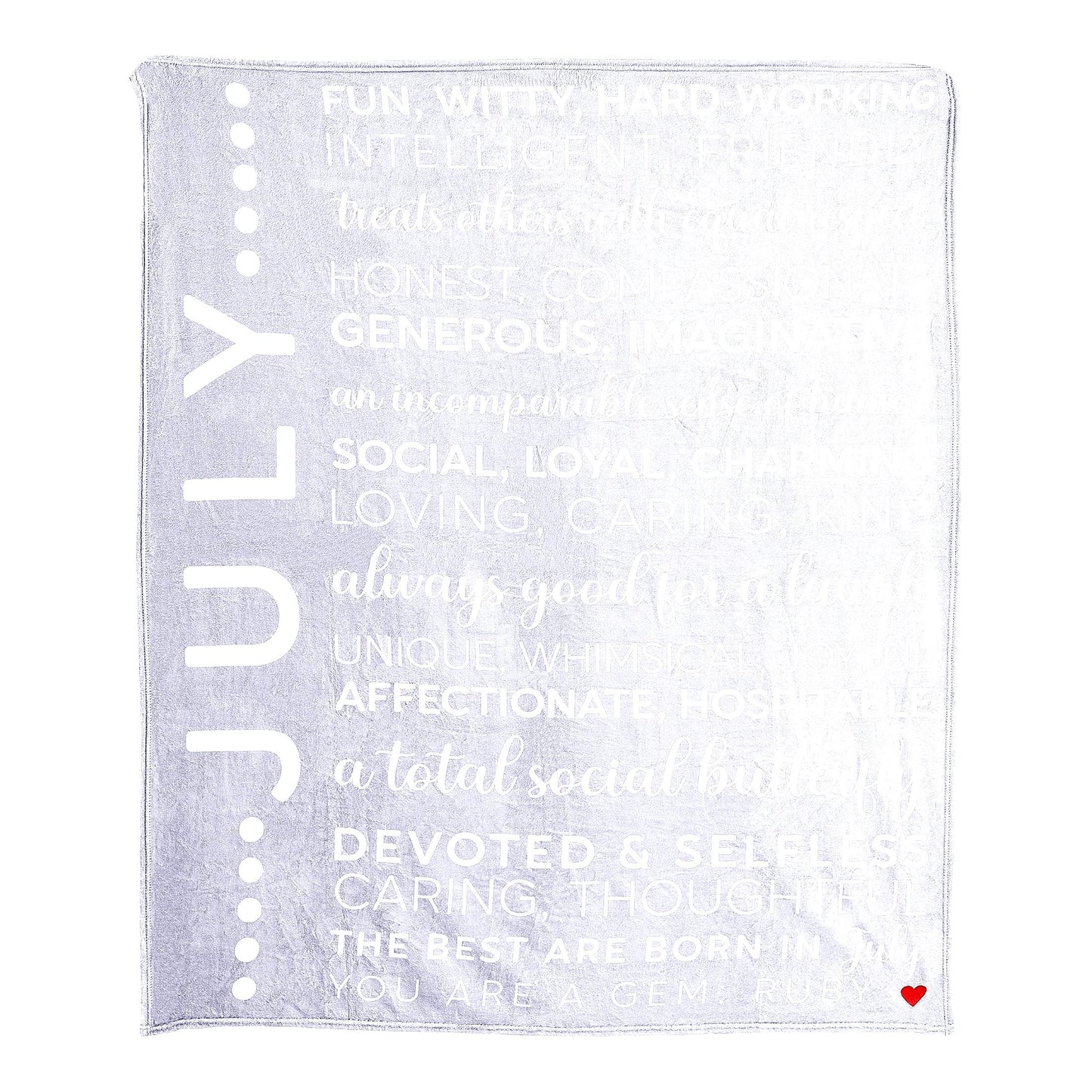 July Birth Month Royal Plush Blanket - Birthday Throw with Red Embroidered Heart, 50 x 60-inch, Gray