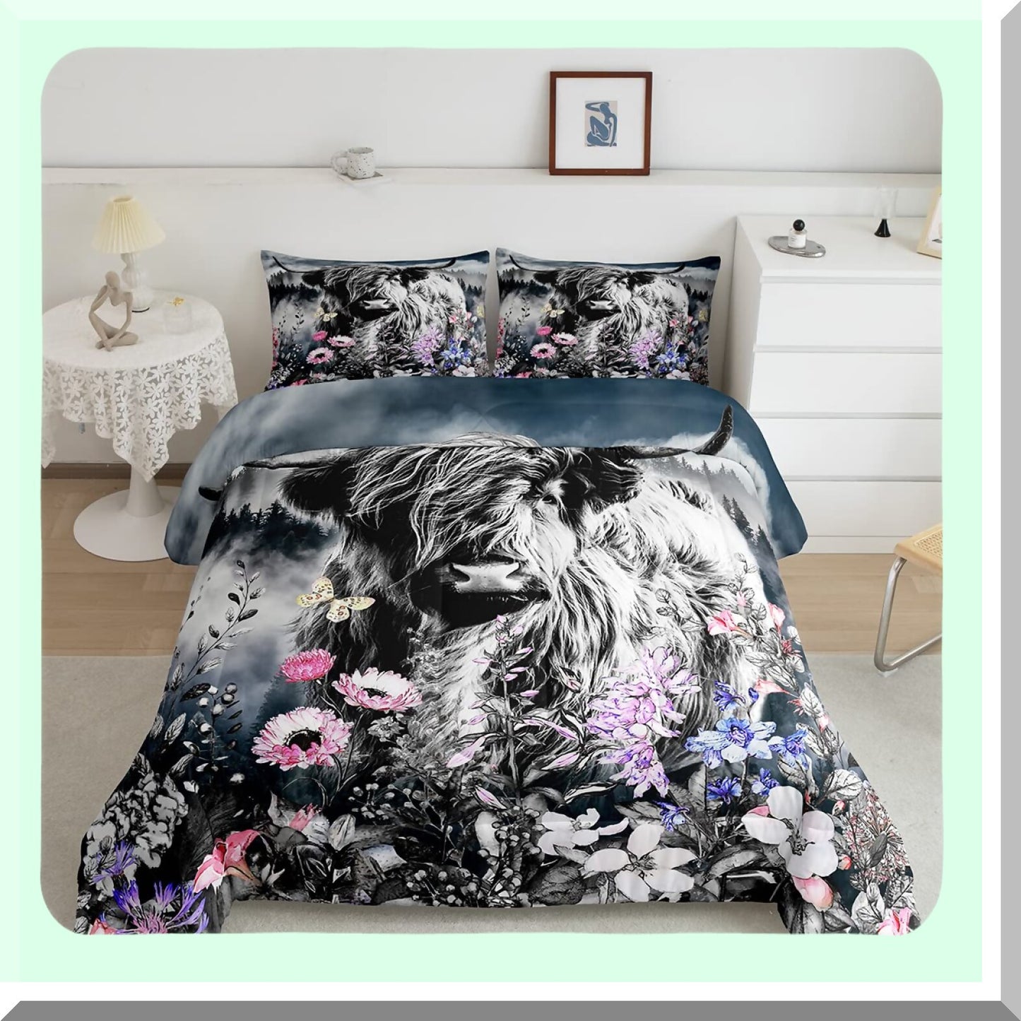 Firforest Highland Bull Comforter Set - Full Size Western Wildlife Farmhouse Bedding with Funny Animal Duvet Stuffing for Mountain Bedroom Decor.