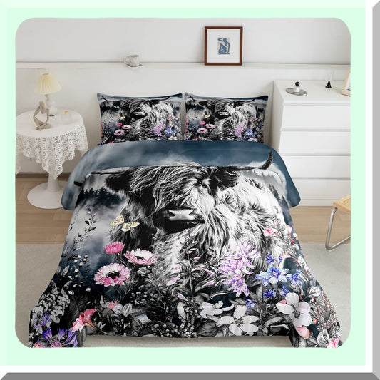 Firforest Highland Bull Comforter Set - Full Size Western Wildlife Farmhouse Bedding with Funny Animal Duvet Stuffing for Mountain Bedroom Decor.