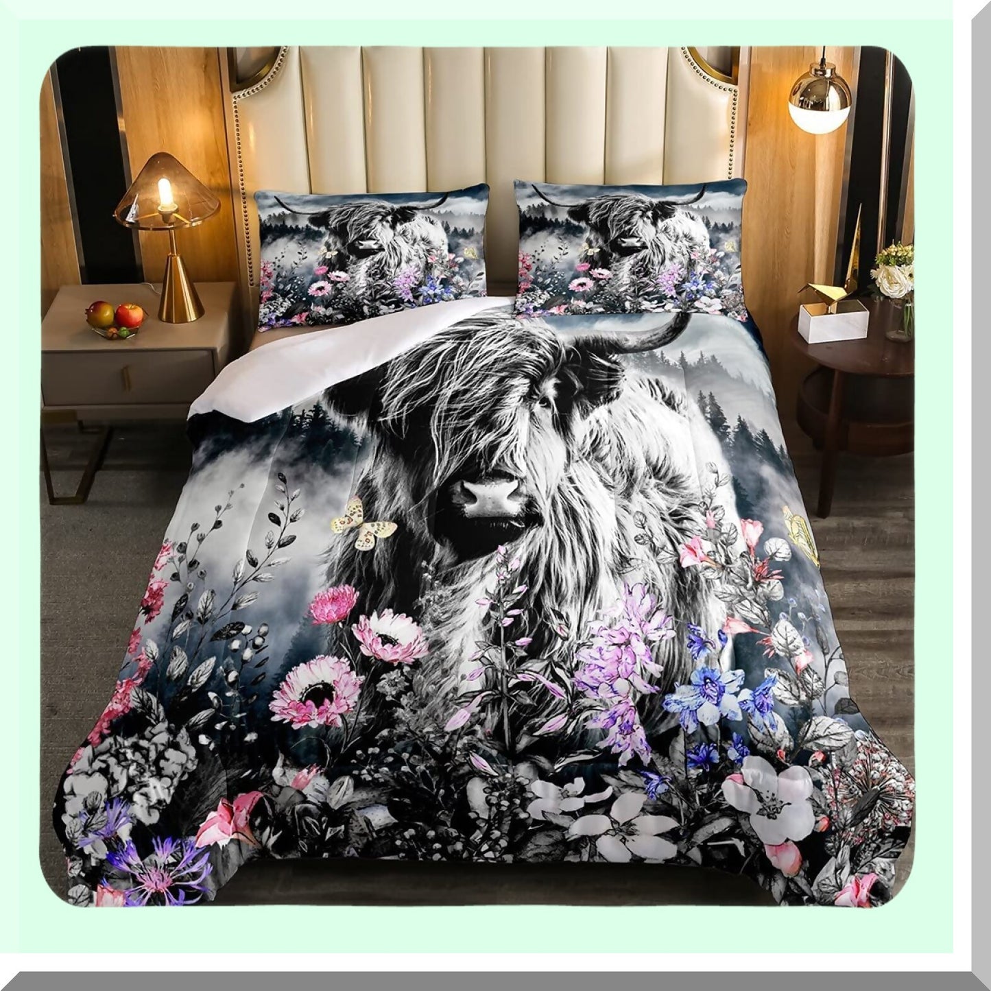 Firforest Highland Bull Comforter Set - Full Size Western Wildlife Farmhouse Bedding with Funny Animal Duvet Stuffing for Mountain Bedroom Decor.