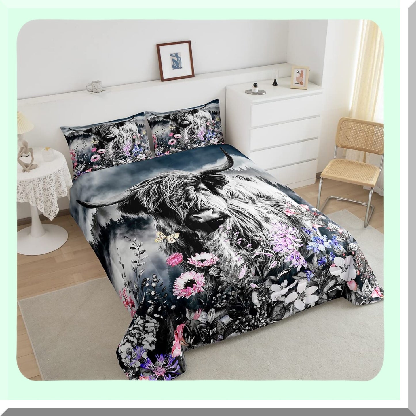 Firforest Highland Bull Comforter Set - Full Size Western Wildlife Farmhouse Bedding with Funny Animal Duvet Stuffing for Mountain Bedroom Decor.