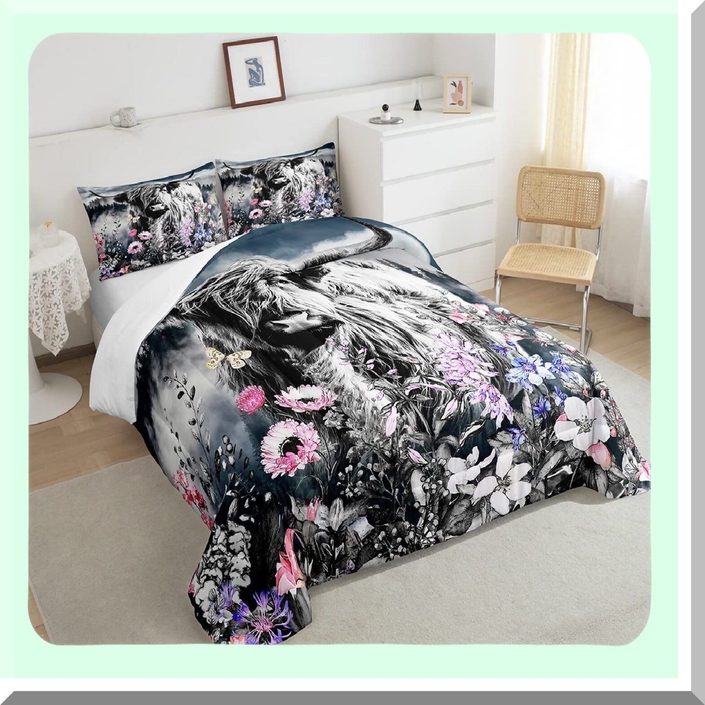 Firforest Highland Bull Comforter Set - Full Size Western Wildlife Farmhouse Bedding with Funny Animal Duvet Stuffing for Mountain Bedroom Decor.