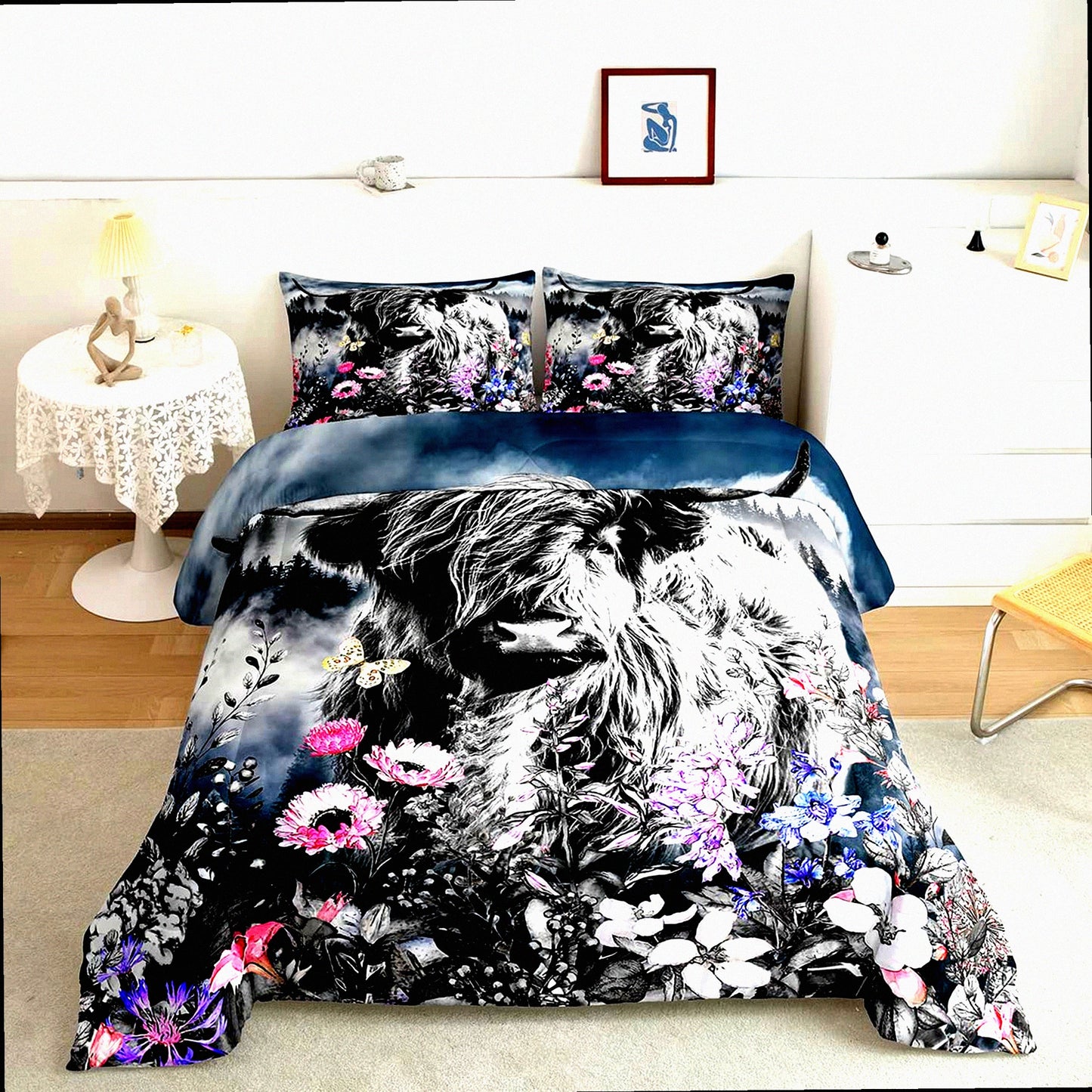 Firforest Highland Bull Comforter Set - Full Size Western Wildlife Farmhouse Bedding with Funny Animal Duvet Stuffing for Mountain Bedroom Decor.